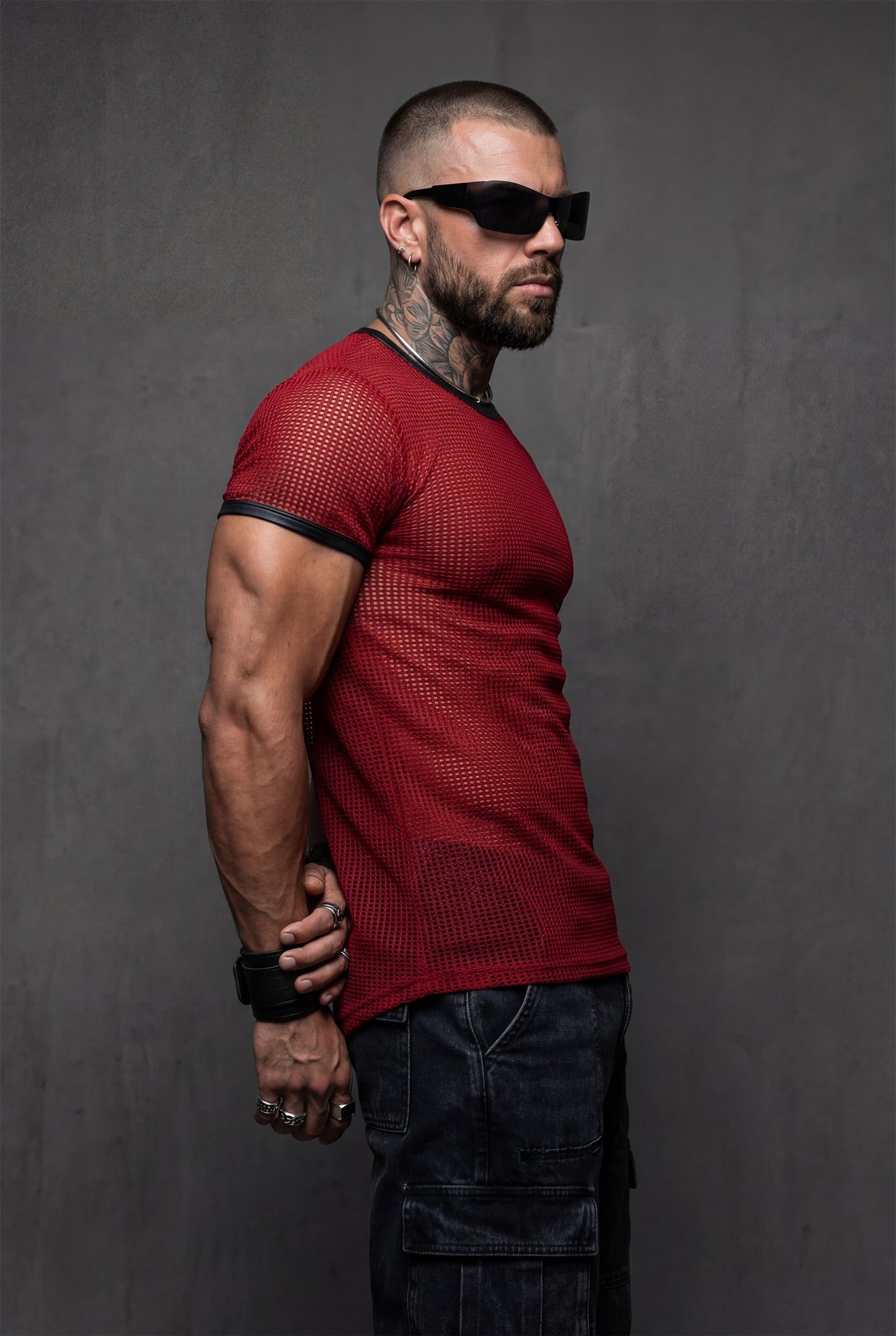 Red Mesh T-Shirt – Faux Leather Trim