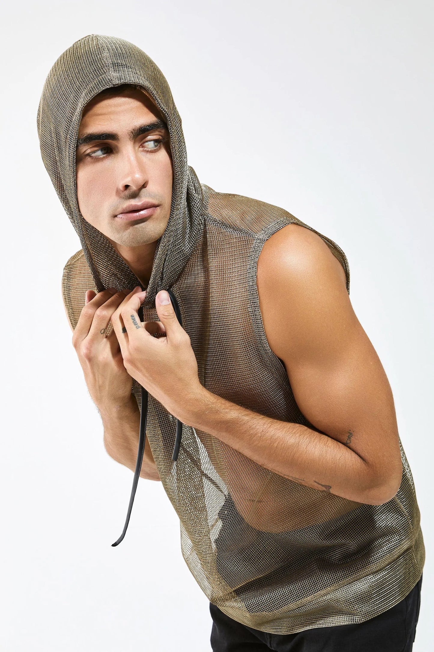 Metallic Mesh Hooded Tank — Men’s Clubwear Top