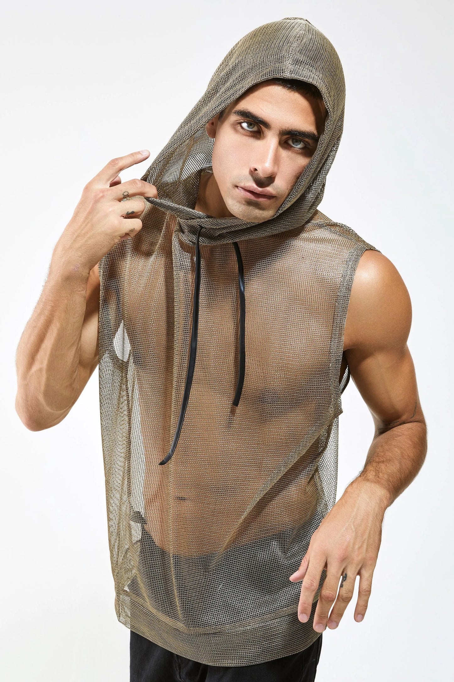 Metallic Mesh Hooded Tank — Men’s Clubwear Top