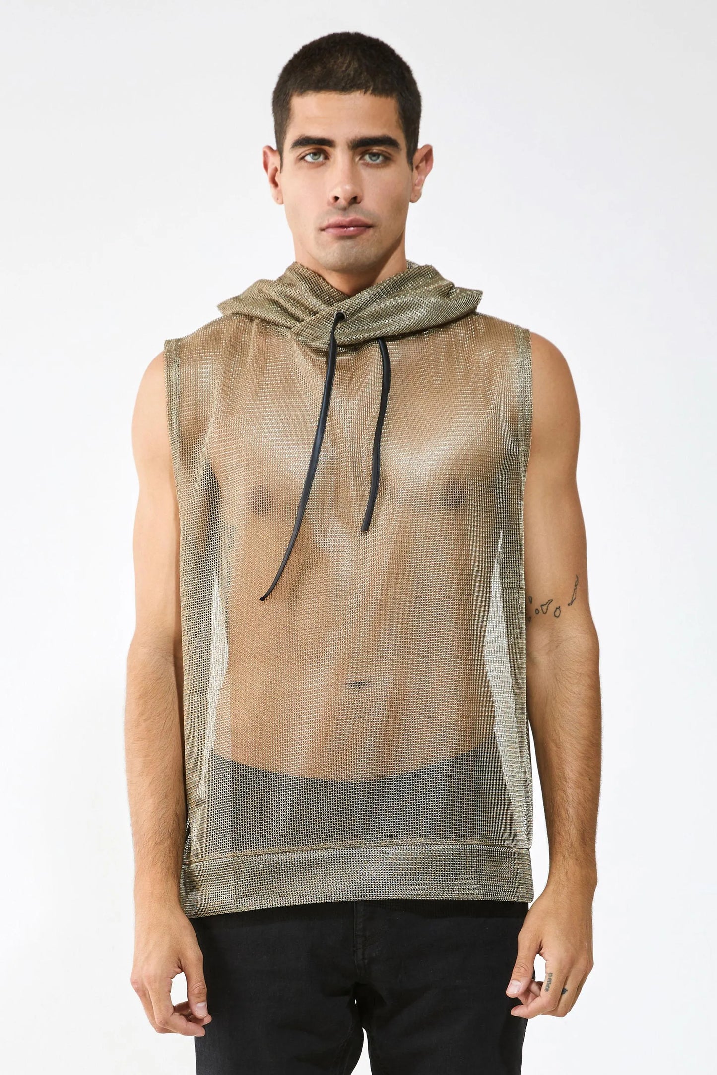 Metallic Mesh Hooded Tank — Men’s Clubwear Top