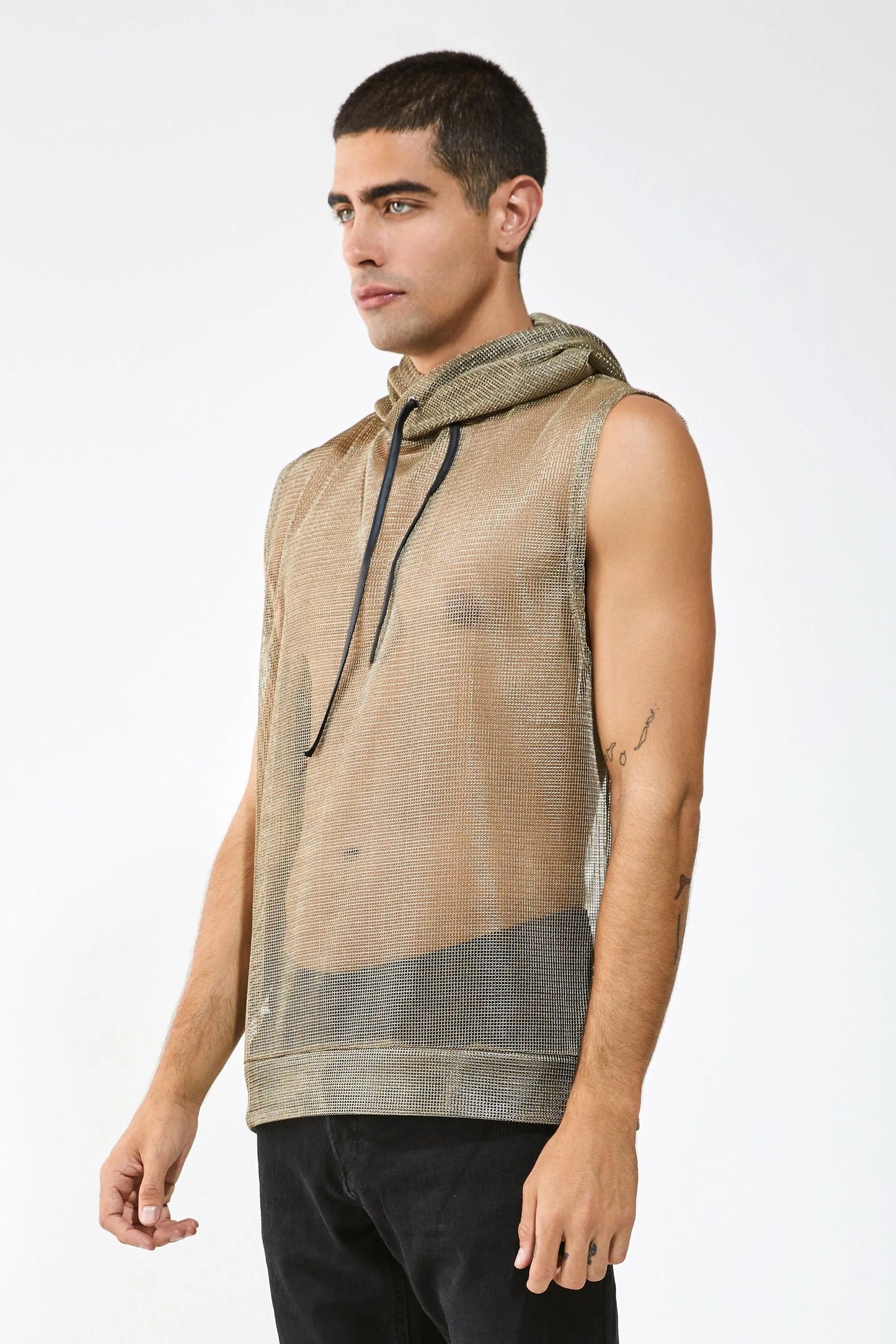 Metallic Mesh Hooded Tank — Men’s Clubwear Top