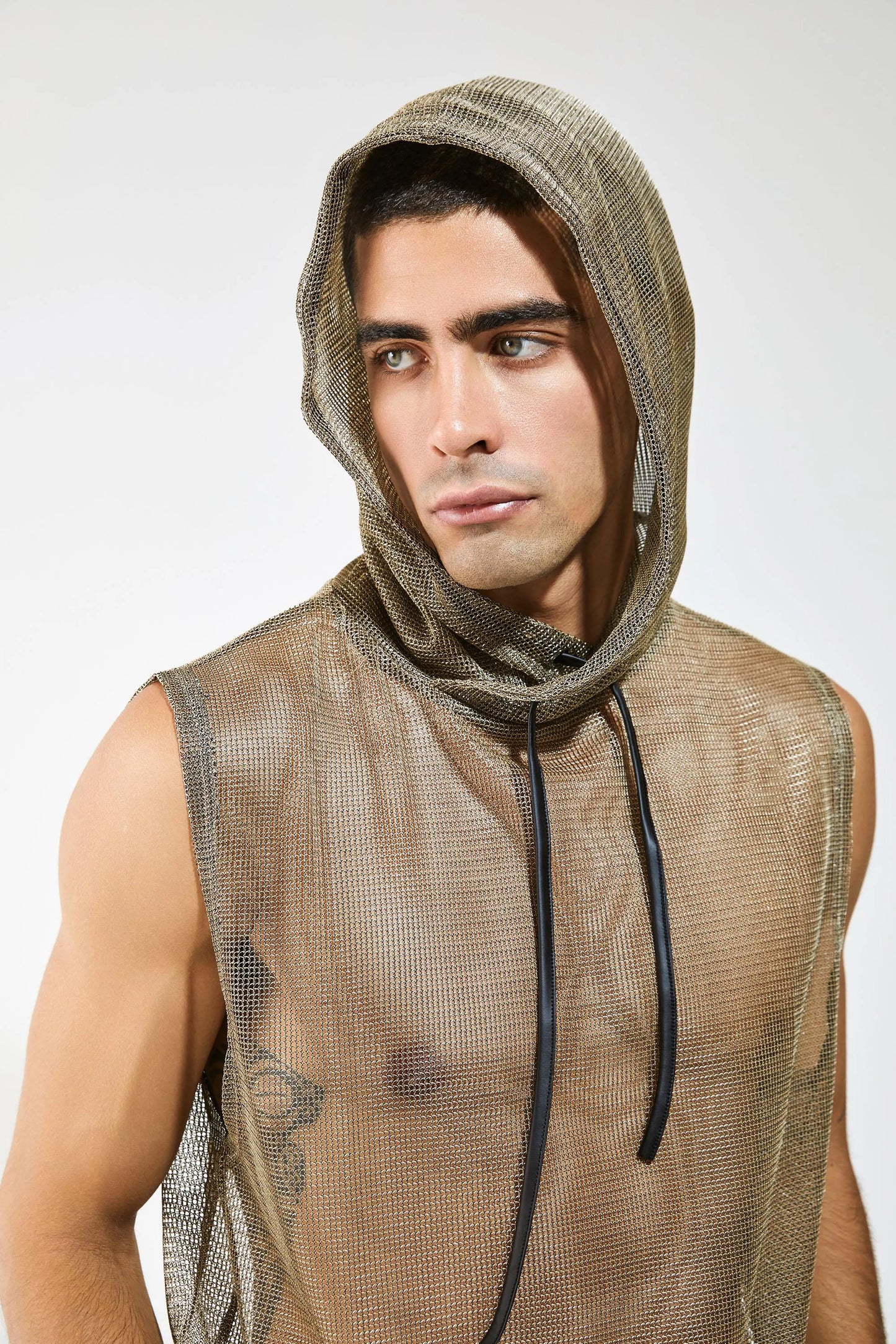 Metallic Mesh Hooded Tank — Men’s Clubwear Top