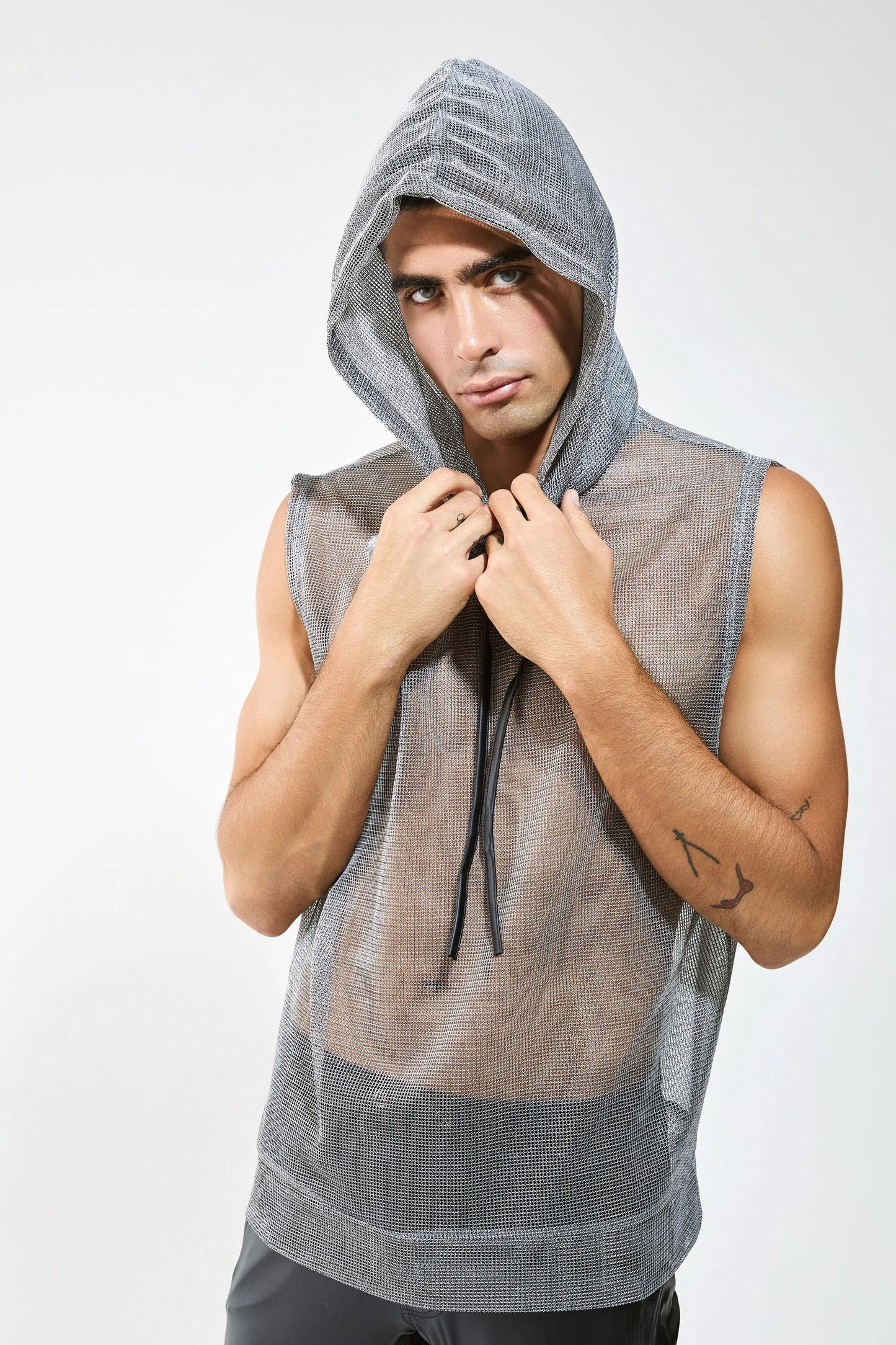 Metallic Mesh Hooded Tank — Men’s Clubwear Top