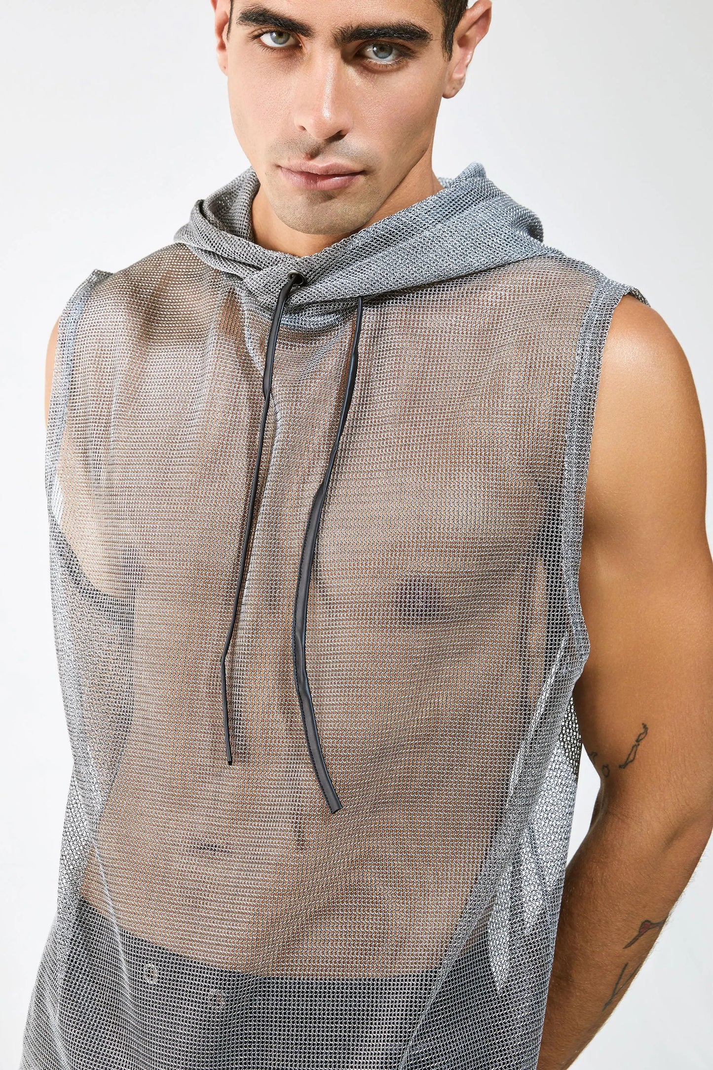 Metallic Mesh Hooded Tank — Men’s Clubwear Top