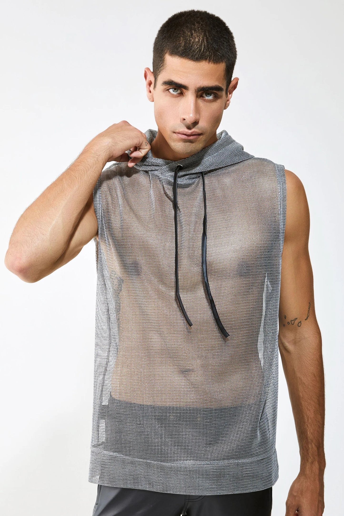 Metallic Mesh Hooded Tank — Men’s Clubwear Top