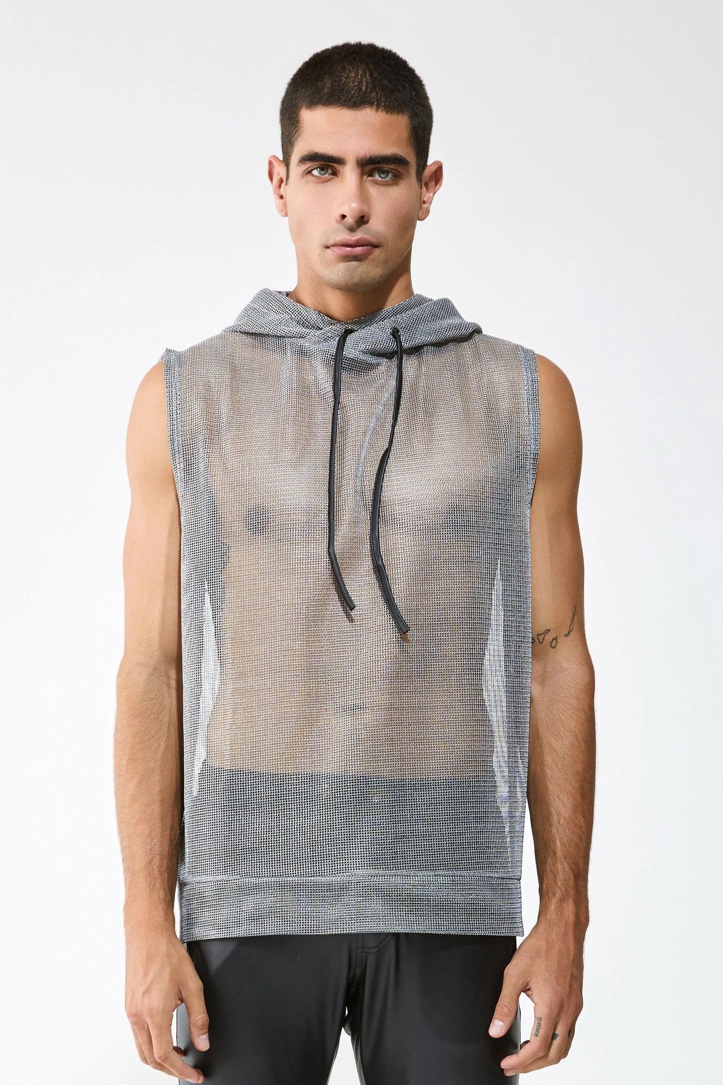 Metallic Mesh Hooded Tank — Men’s Clubwear Top
