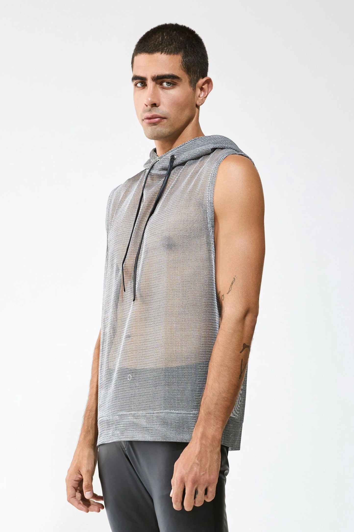 Metallic Mesh Hooded Tank — Men’s Clubwear Top