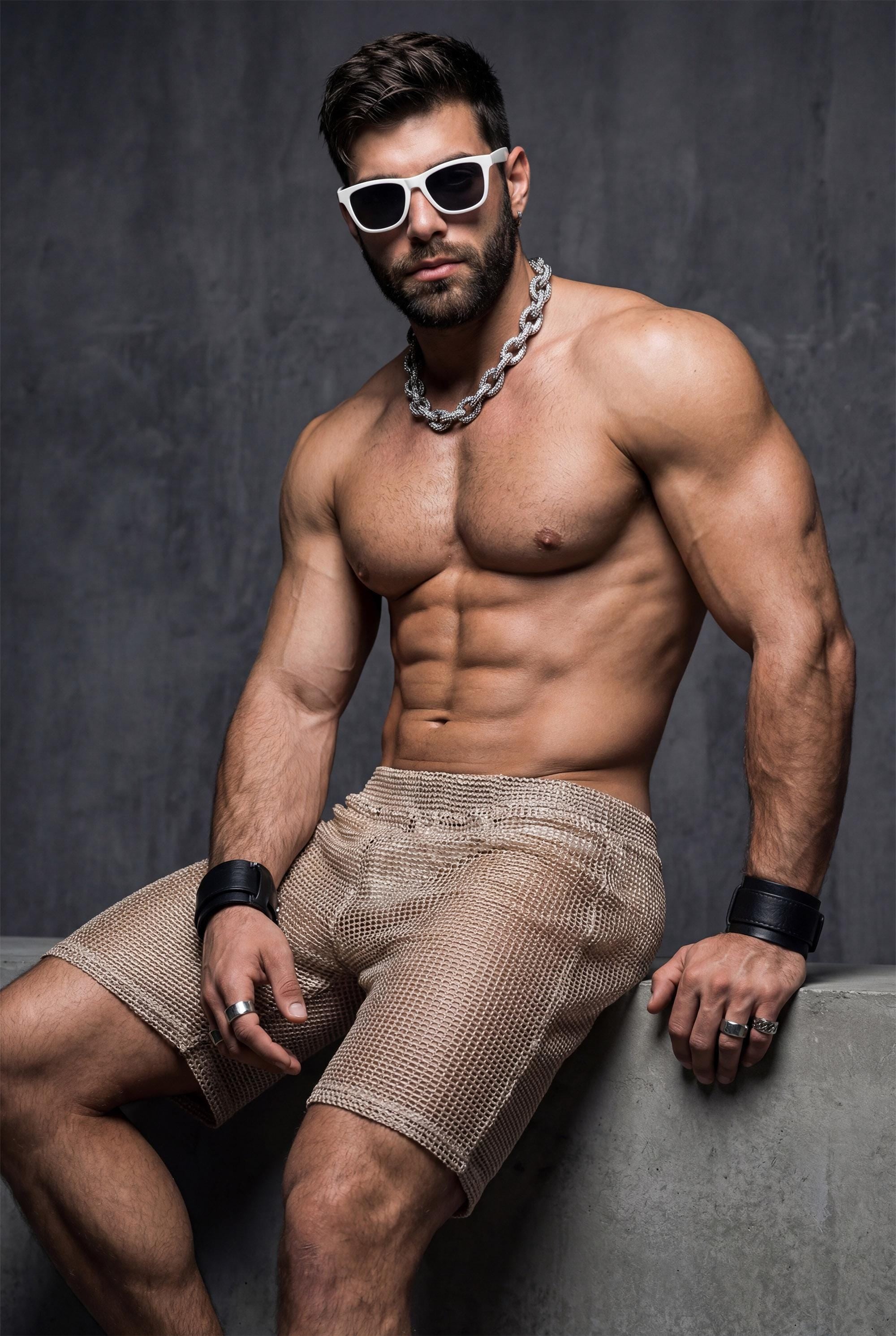 Side profile of see-through mesh shorts on a toned male body. Lightweight mesh follows the legs and highlights muscle definition. Ideal for gay party looks, Berlin underground clubs, raves, and festival wear. Transparent club shorts made for dancing, heat, and high-energy LGBTQ nightlife scenes.