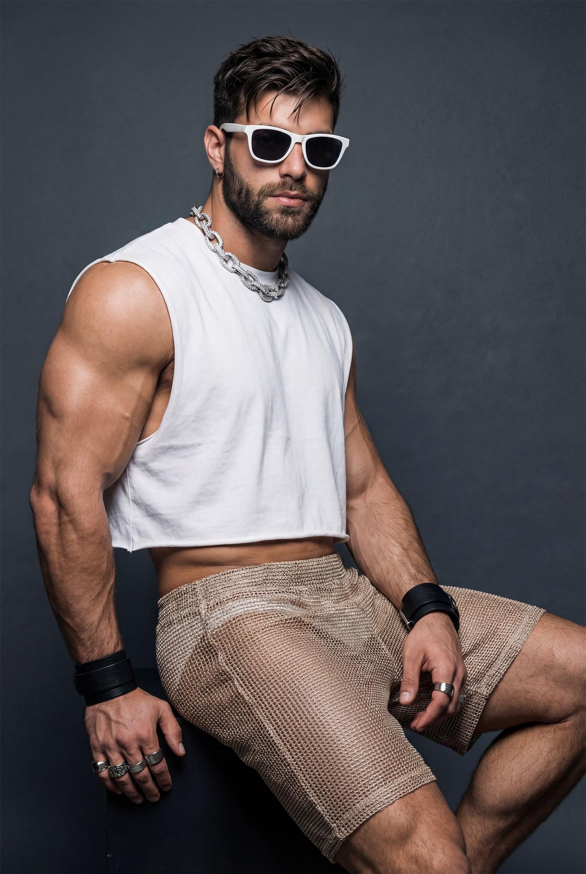 Side profile of see-through mesh shorts on a toned male body. Lightweight mesh follows the legs and highlights muscle definition. Ideal for gay party looks, Berlin underground clubs, raves, and festival wear. Transparent club shorts made for dancing, heat, and high-energy LGBTQ nightlife scenes.