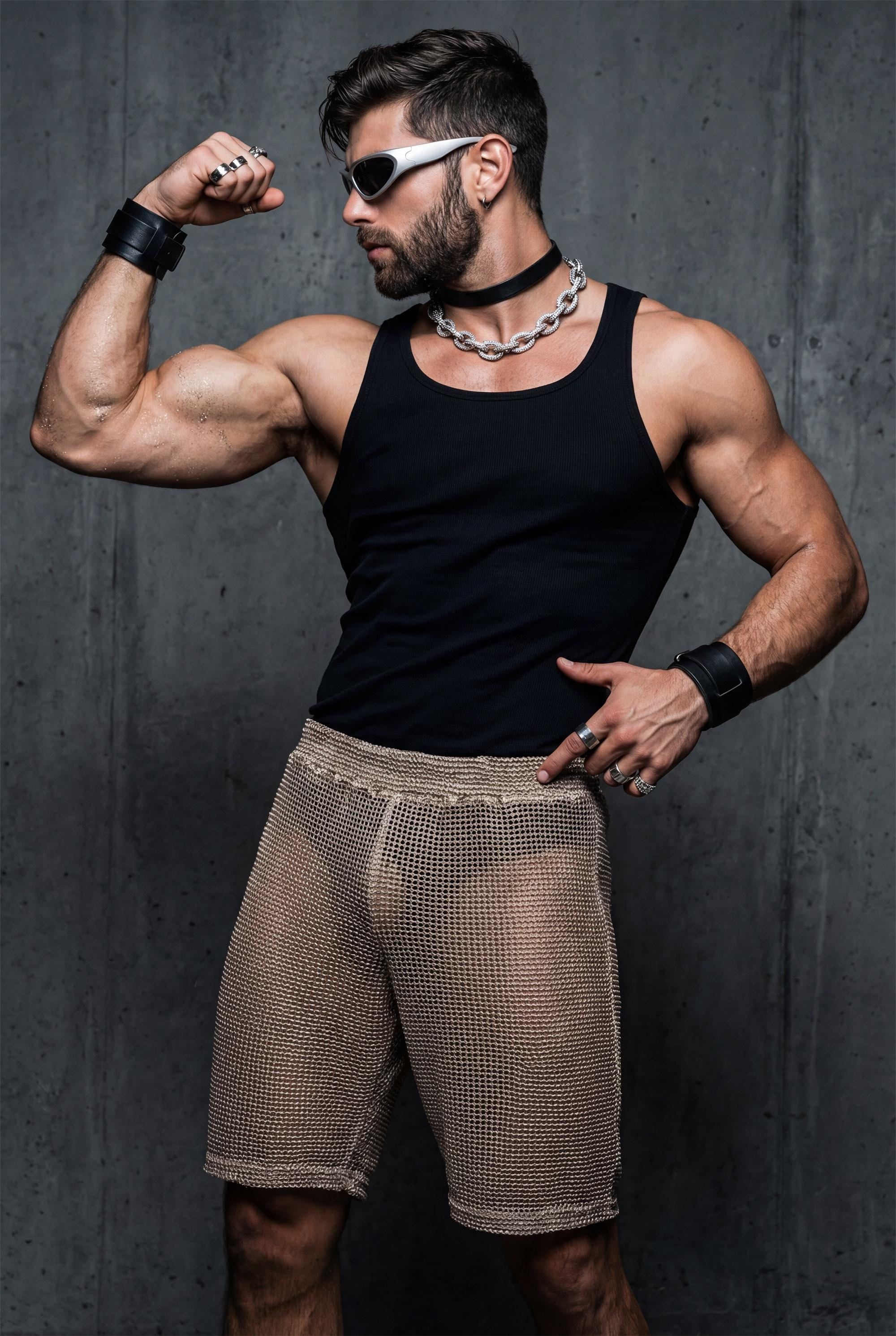 Front view of see-through mesh shorts on a toned male body. Lightweight mesh follows the legs and highlights muscle definition. Ideal for gay party looks, Berlin underground clubs, raves, and festival wear. Transparent club shorts made for dancing, heat, and high-energy LGBTQ nightlife scenes.