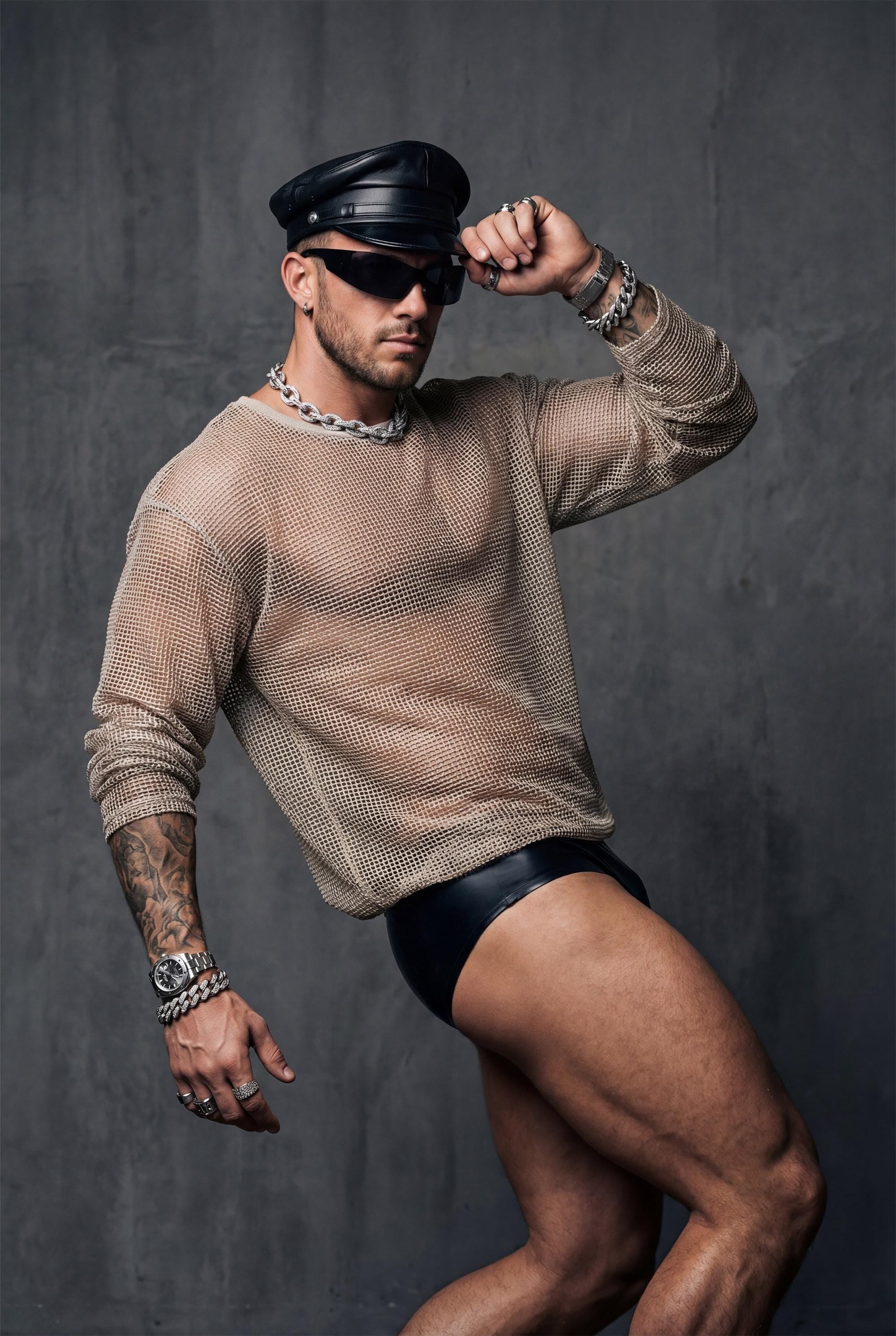 Side profile of a man wearing an oversized see-through mesh sweatshirt. Loose cut drapes over the torso while highlighting the masculine silhouette. Ideal for gay party outfits, Berlin club scene, rave nights, and circuit festivals. Lightweight mesh top made for dancing, sweating, and standing out in LGBTQ nightlife.