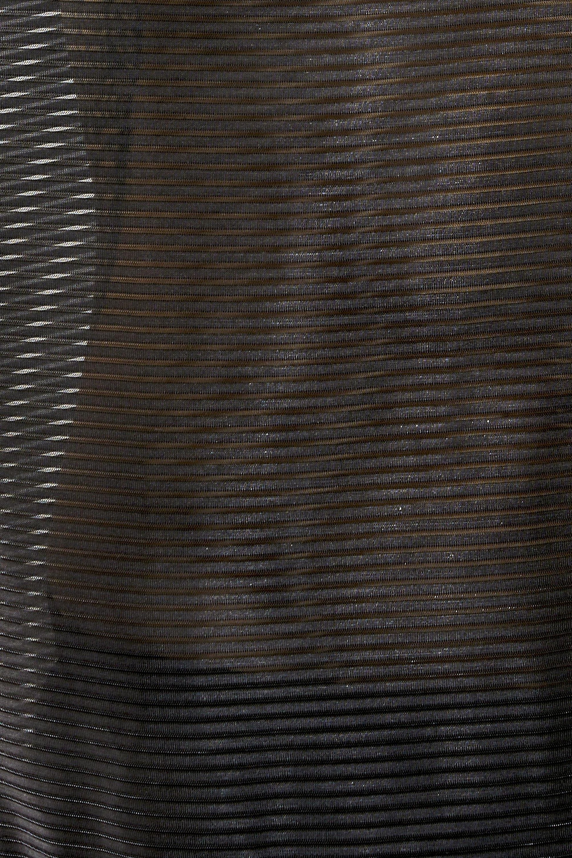 Close-up detail of black semi-transparent mesh fabric showing metallic stripe construction and lightweight texture. Premium hooded tank material combines 65% nylon 30% lurex 5% elastane for breathable comfort and subtle shimmer. This sheer mesh fabric perfect for festival wear, rave outfits, and gay clubwear catches light beautifully. Stretchy construction maintains shape while providing airflow for all-day comfort in pride events and summer celebrations.