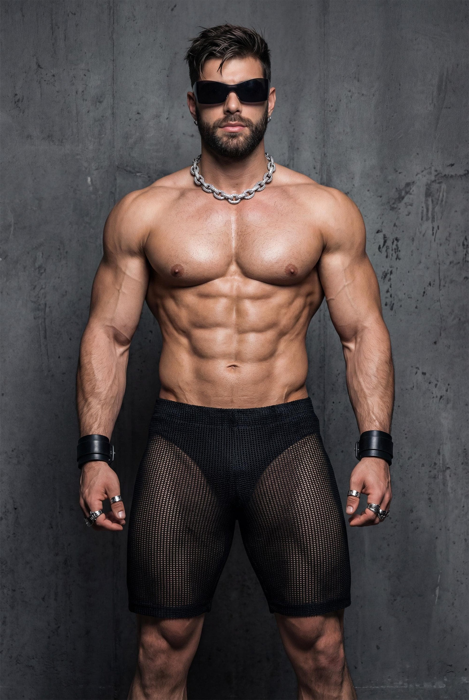 Front view of black transparent mesh shorts worn by a muscular man. Sheer fabric reveals the body underneath while keeping a fitted, athletic cut. Designed for gay club wear, Berlin nightlife, circuit parties, and pride events. Sexy, breathable party shorts for men who want bold, confident, and eye-catching club outfits.
