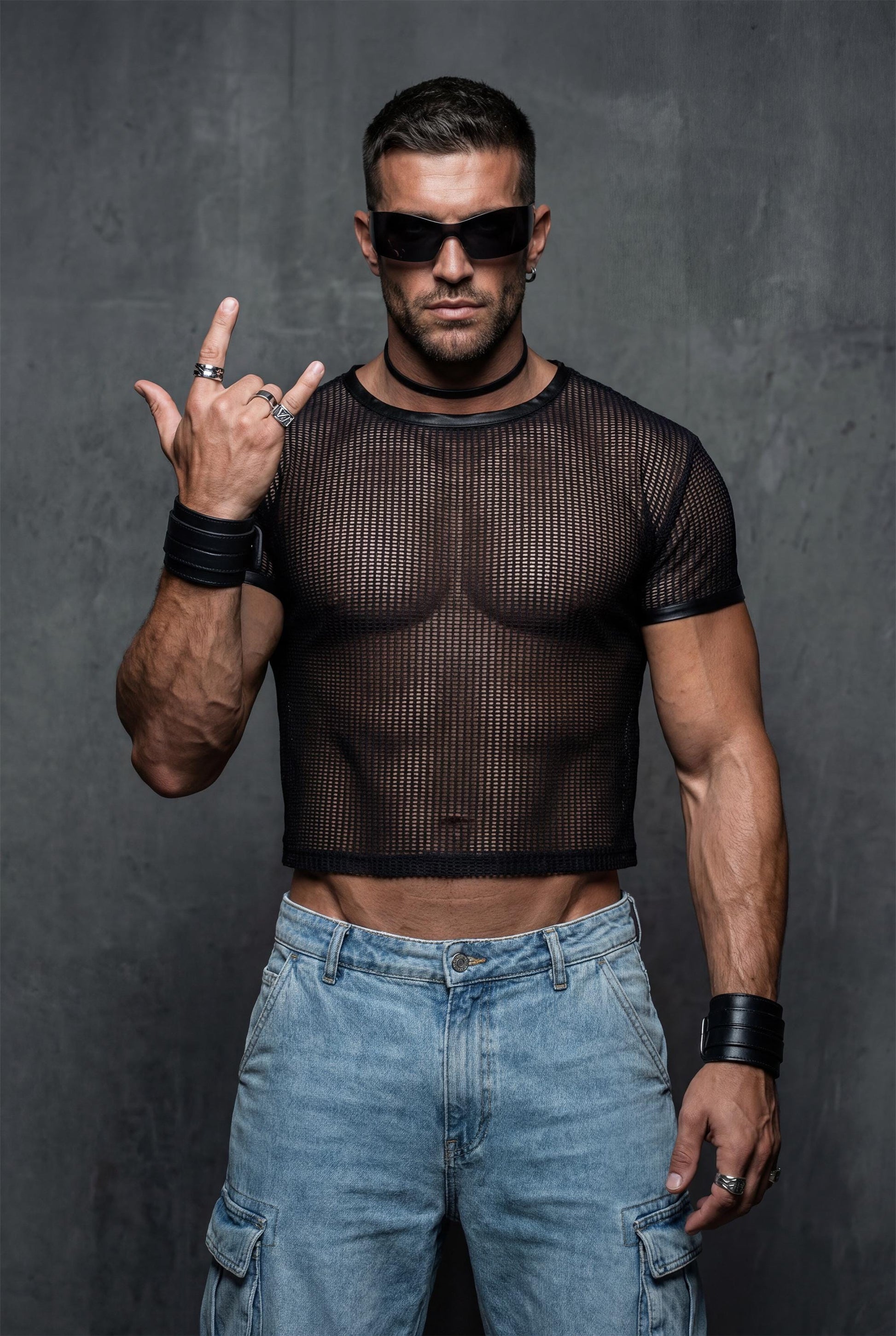 Black Mesh Crop Top Men | See-Through Festival Club Wear Athletic Shirt