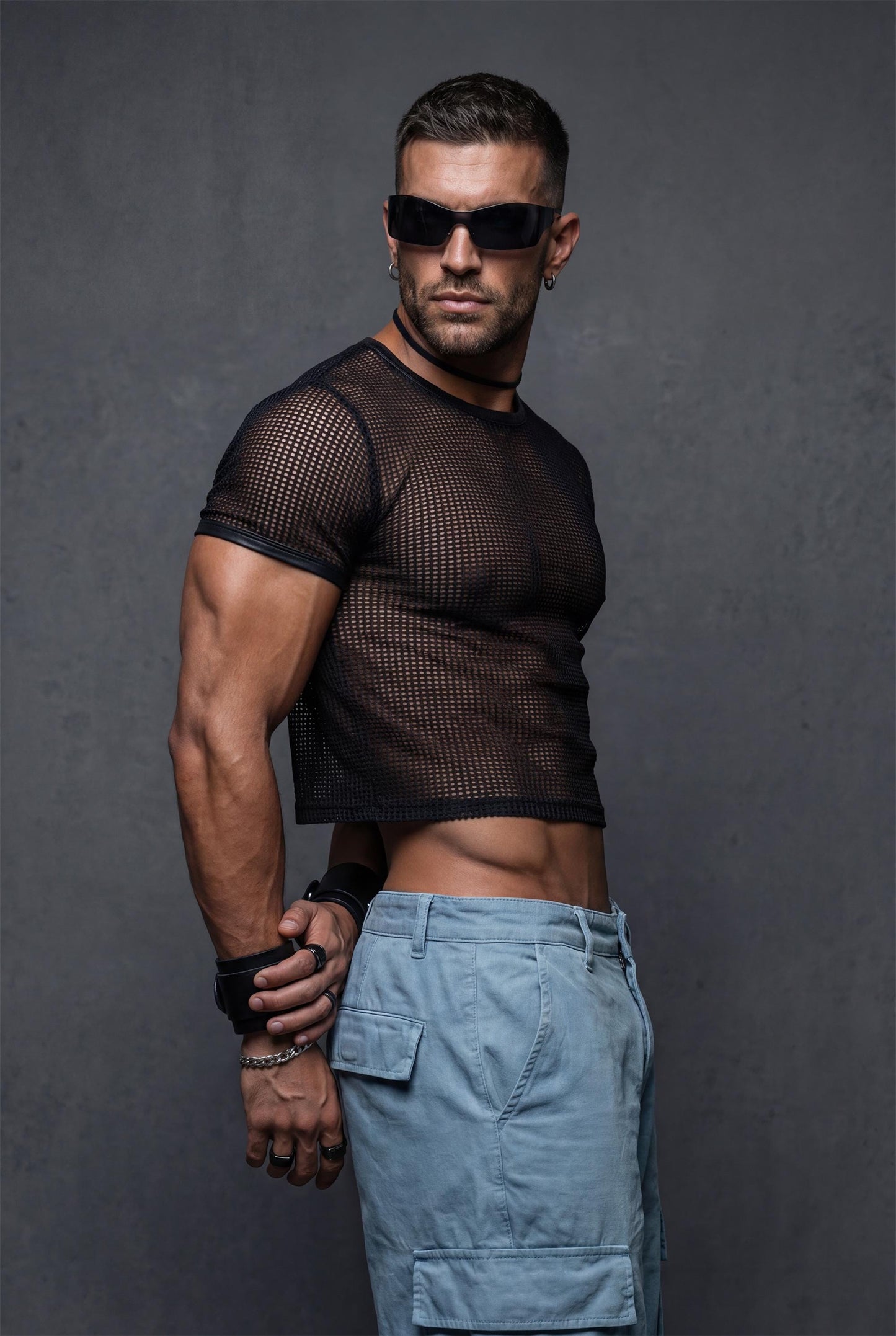 Black Mesh Crop Top Men | See-Through Festival Club Wear Athletic Shirt