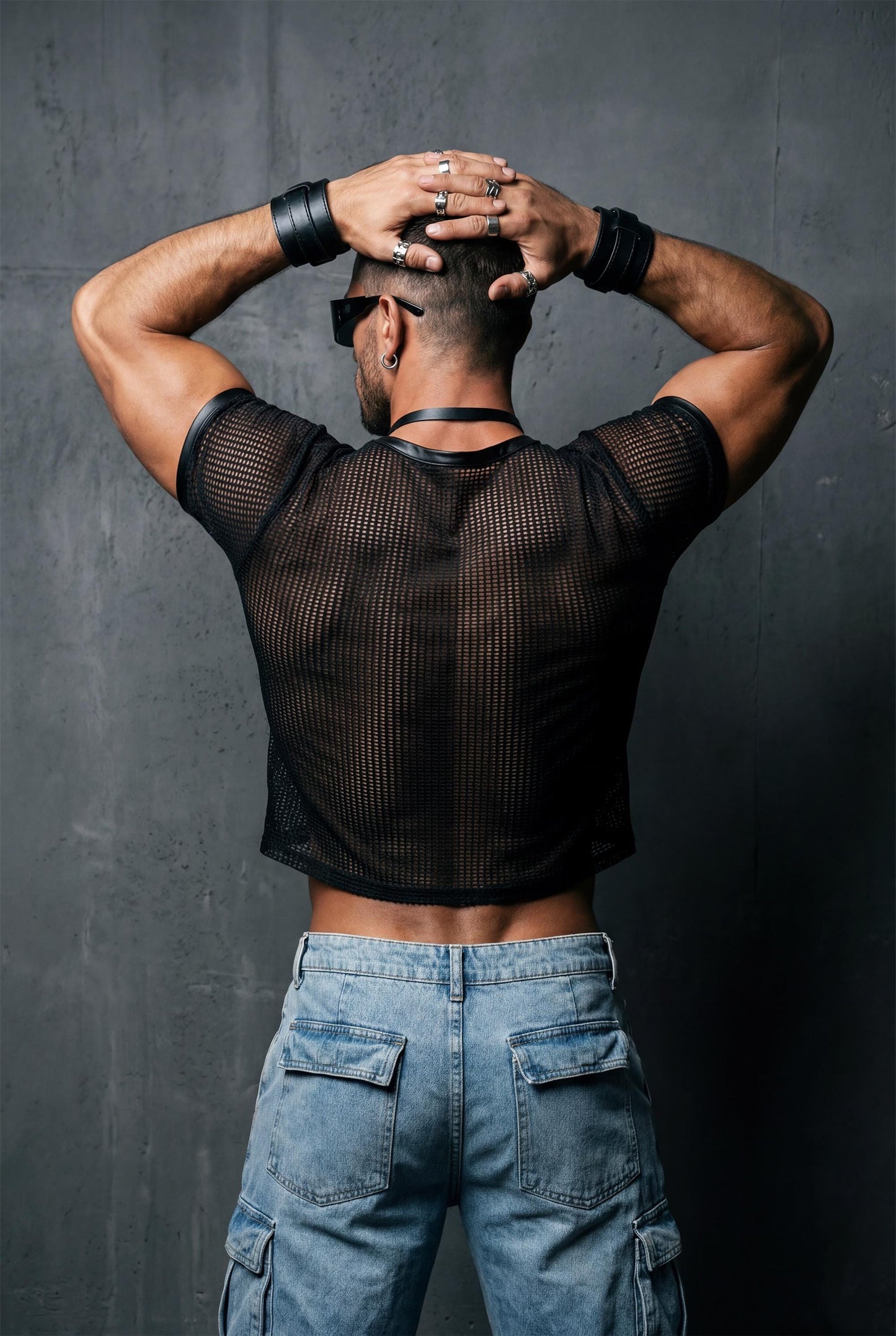 Black Mesh Crop Top Men | See-Through Festival Club Wear Athletic Shirt