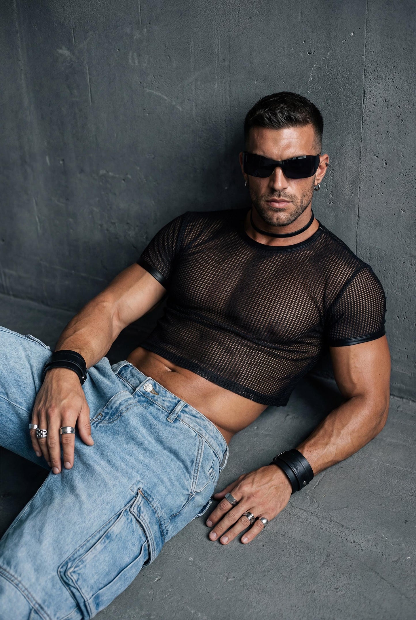 Black Mesh Crop Top Men | See-Through Festival Club Wear Athletic Shirt