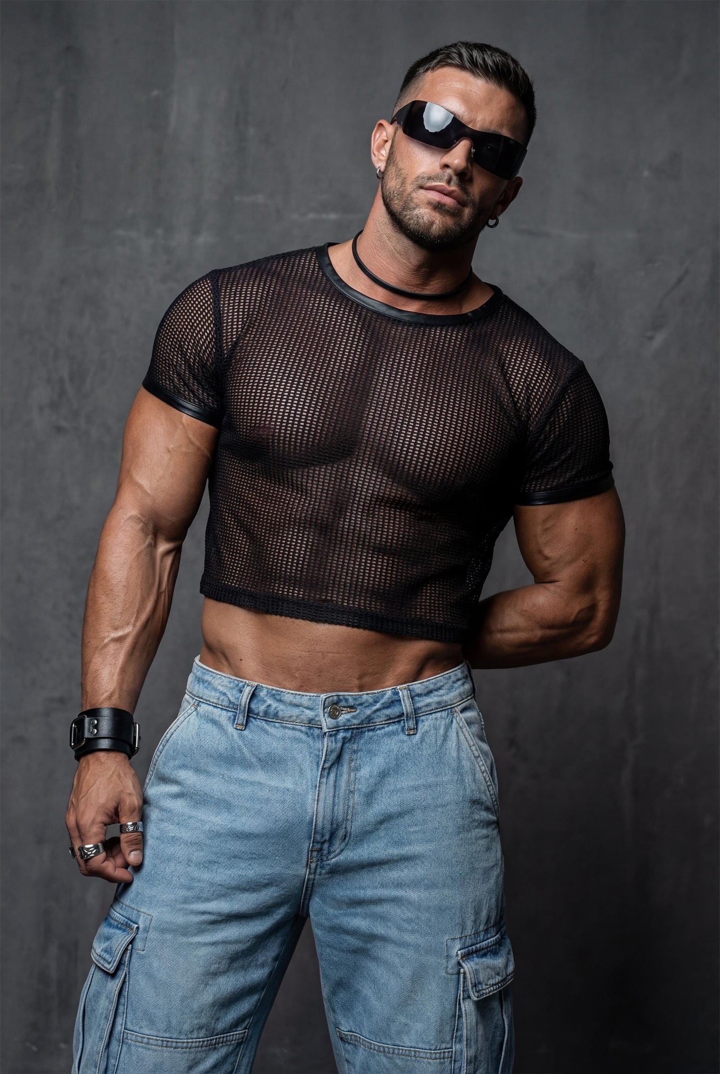 Black Mesh Crop Top Men | See-Through Festival Club Wear Athletic Shirt