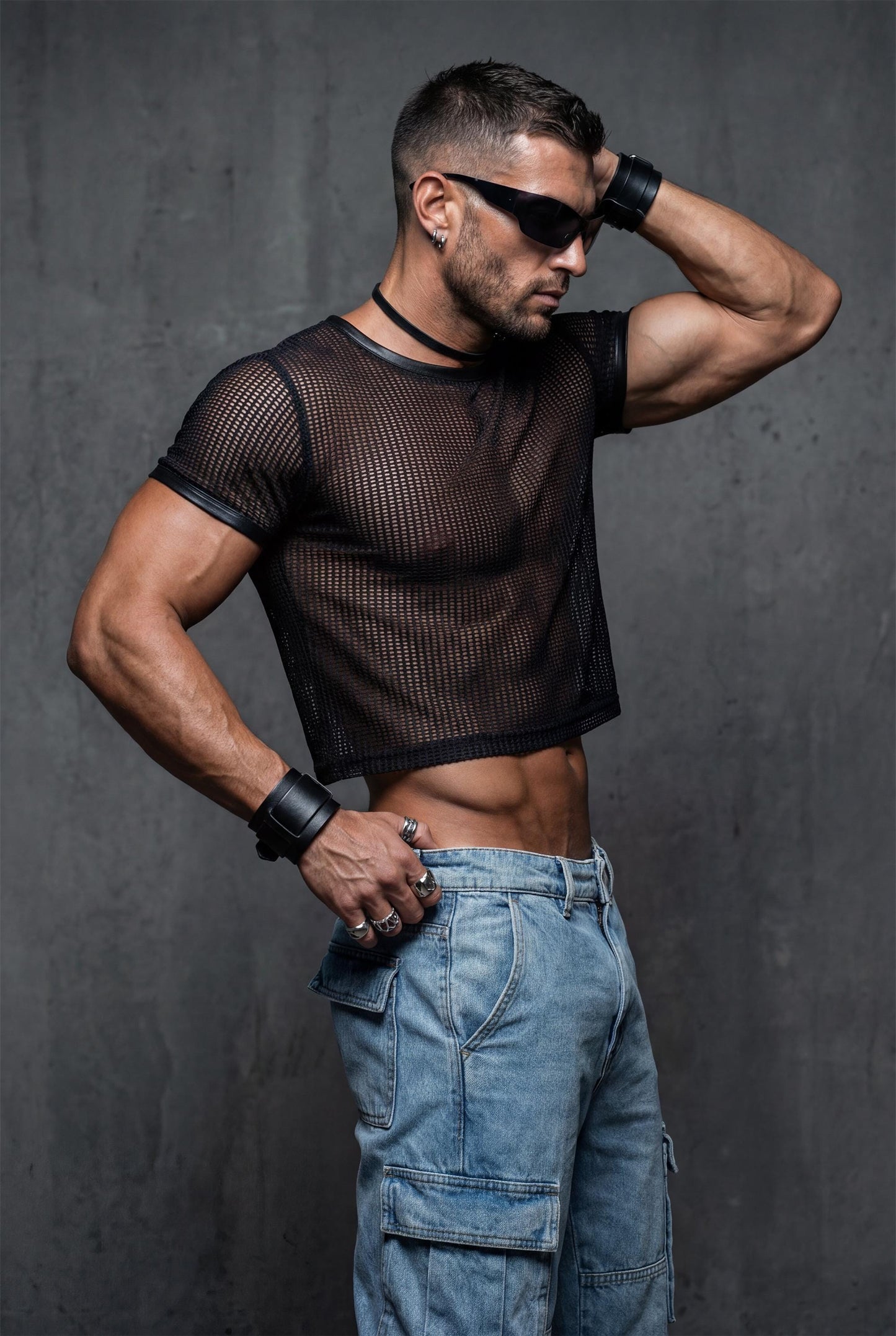 Black Mesh Crop Top Men | See-Through Festival Club Wear Athletic Shirt