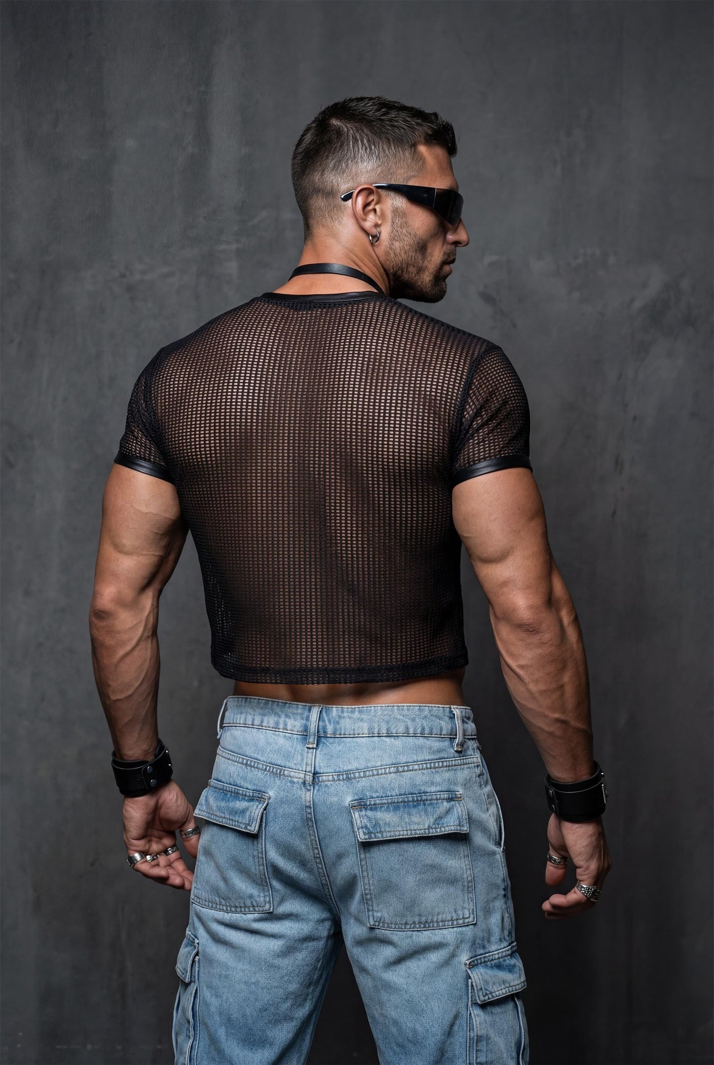 Black Mesh Crop Top Men | See-Through Festival Club Wear Athletic Shirt