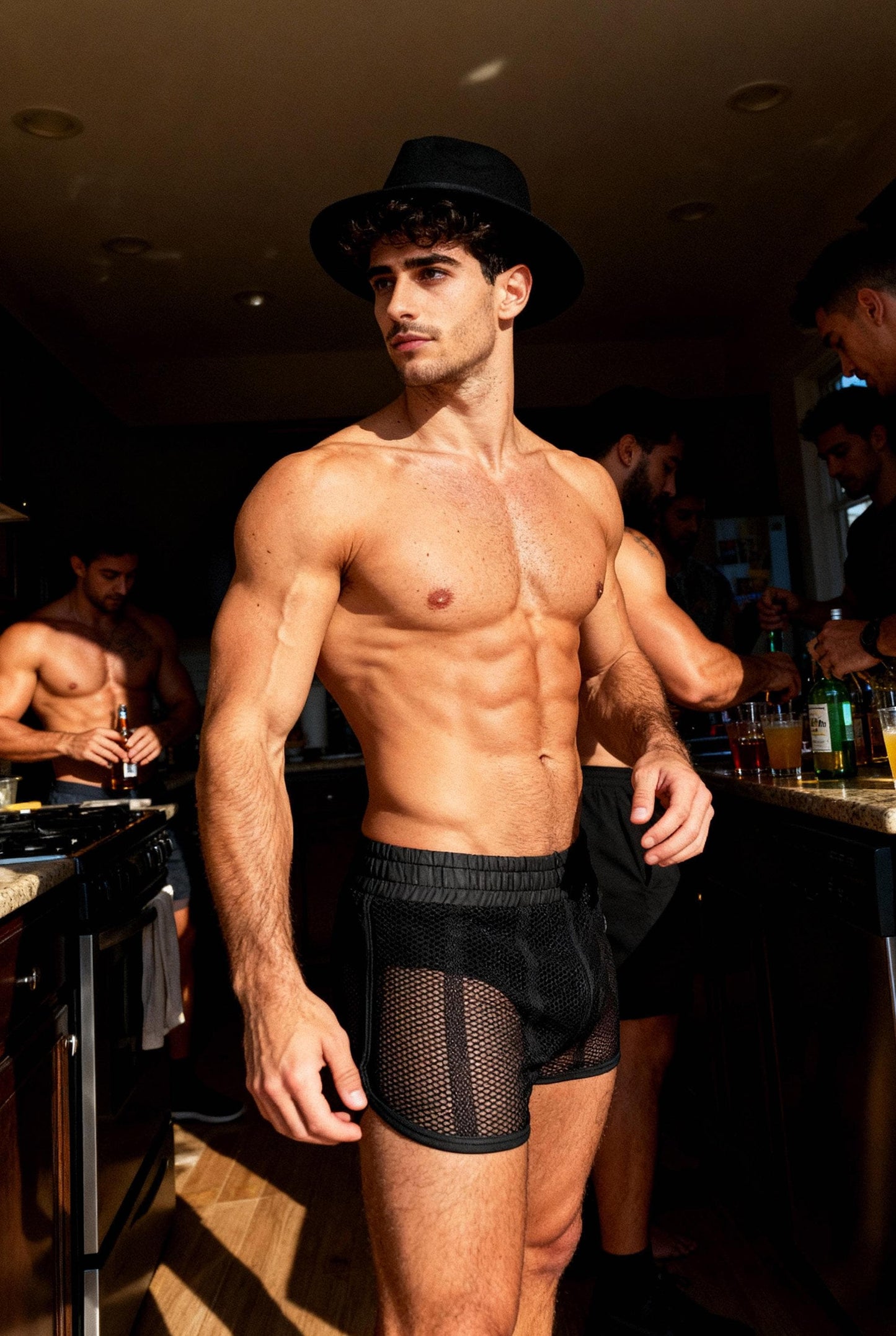 Muscular man wearing black PIEL men’s mesh shorts at an indoor party scene. The see-through mesh shorts reveal the legs while keeping a fitted, athletic cut with elastic waistband. PIEL men’s party shorts designed for nightlife, club wear, and bold queer fashion looks. Confident masculine attitude, premium mesh shorts for summer and night events.