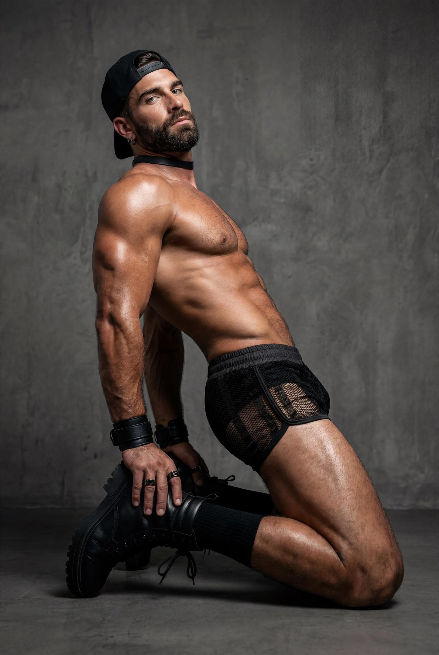 Side view of muscular man wearing black sheer mesh shorts with transparent fabric and fitted cut. Men’s festival and pride shorts designed for circuit parties, gay clubwear and nightlife, revealing body contours.