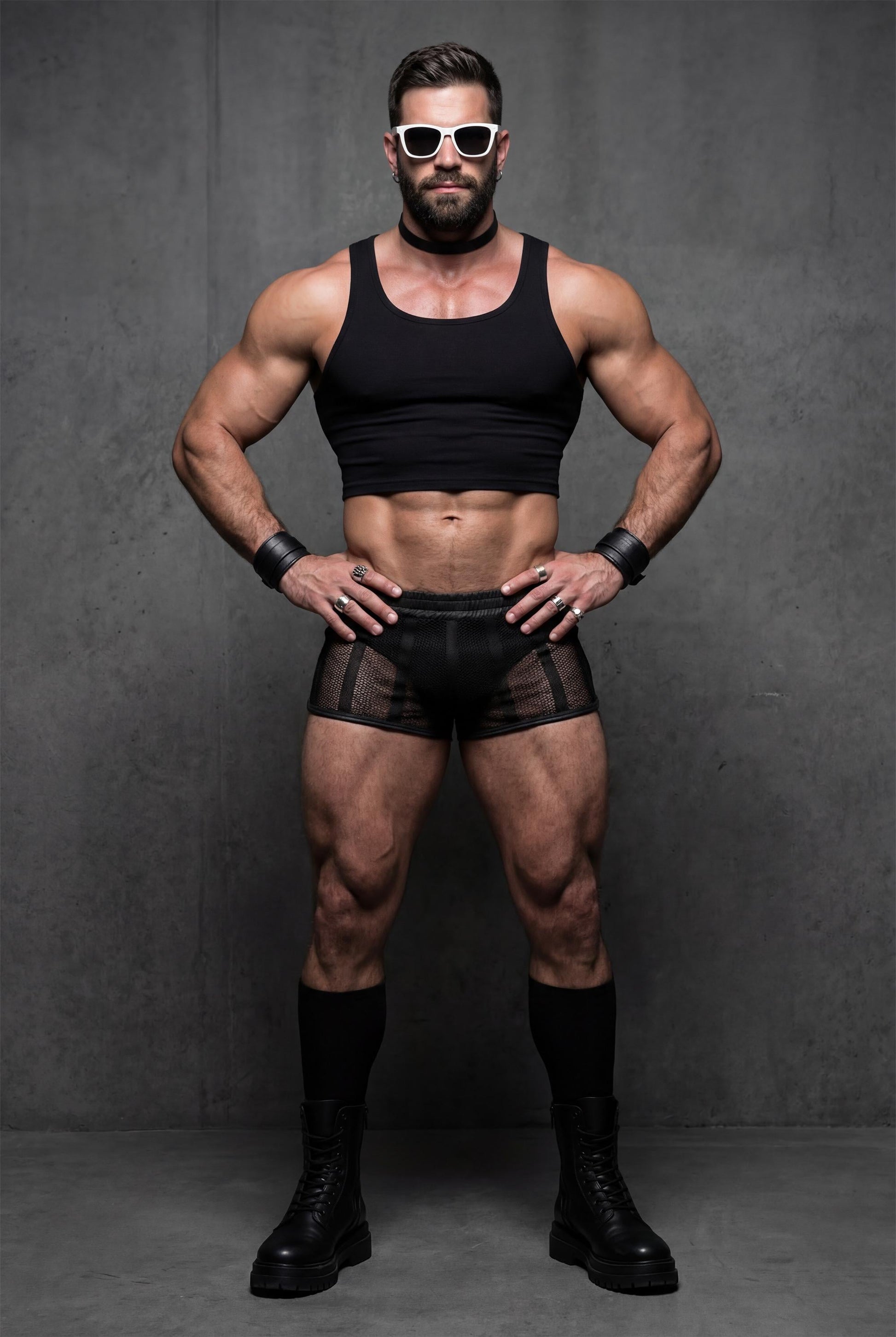 Front view of black sheer mesh shorts men with transparent fabric and snug fit. Men’s festival shorts designed for pride events, circuit parties and gay clubwear, revealing silhouette with faux leather waistband and short cut.