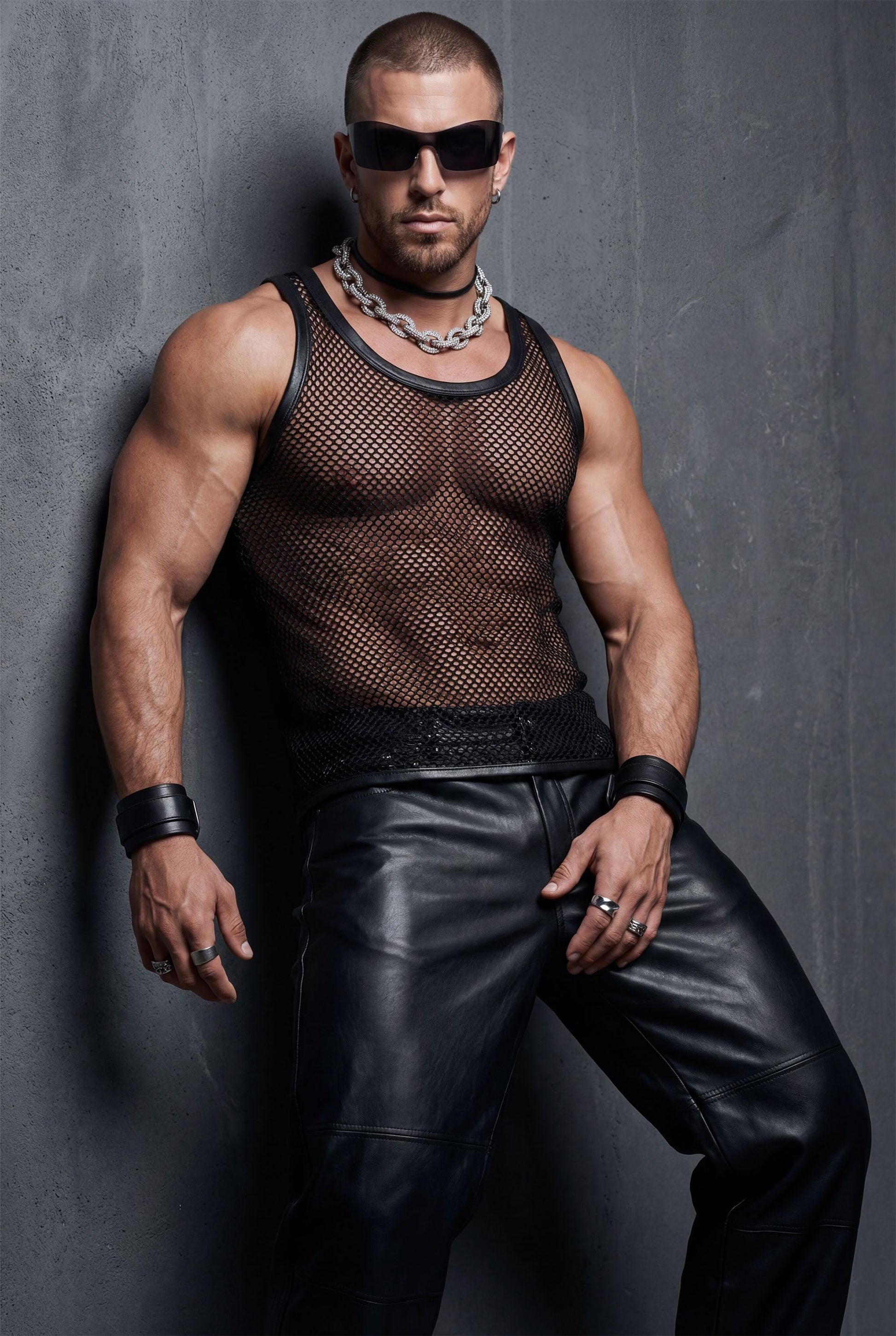 Back view of black mesh racerback tank for men showing athletic stringer construction and transparent see-through design. Perfect gay pride outfit revealing shoulder definition and back muscles for circuit parties, rave festivals, and club nights. This breathable mesh top delivers freedom of movement for dancers and performers at LGBTQ+ events, Burning Man, or underground venues. Bold queer fashion statement combining provocative style with functional comfort.