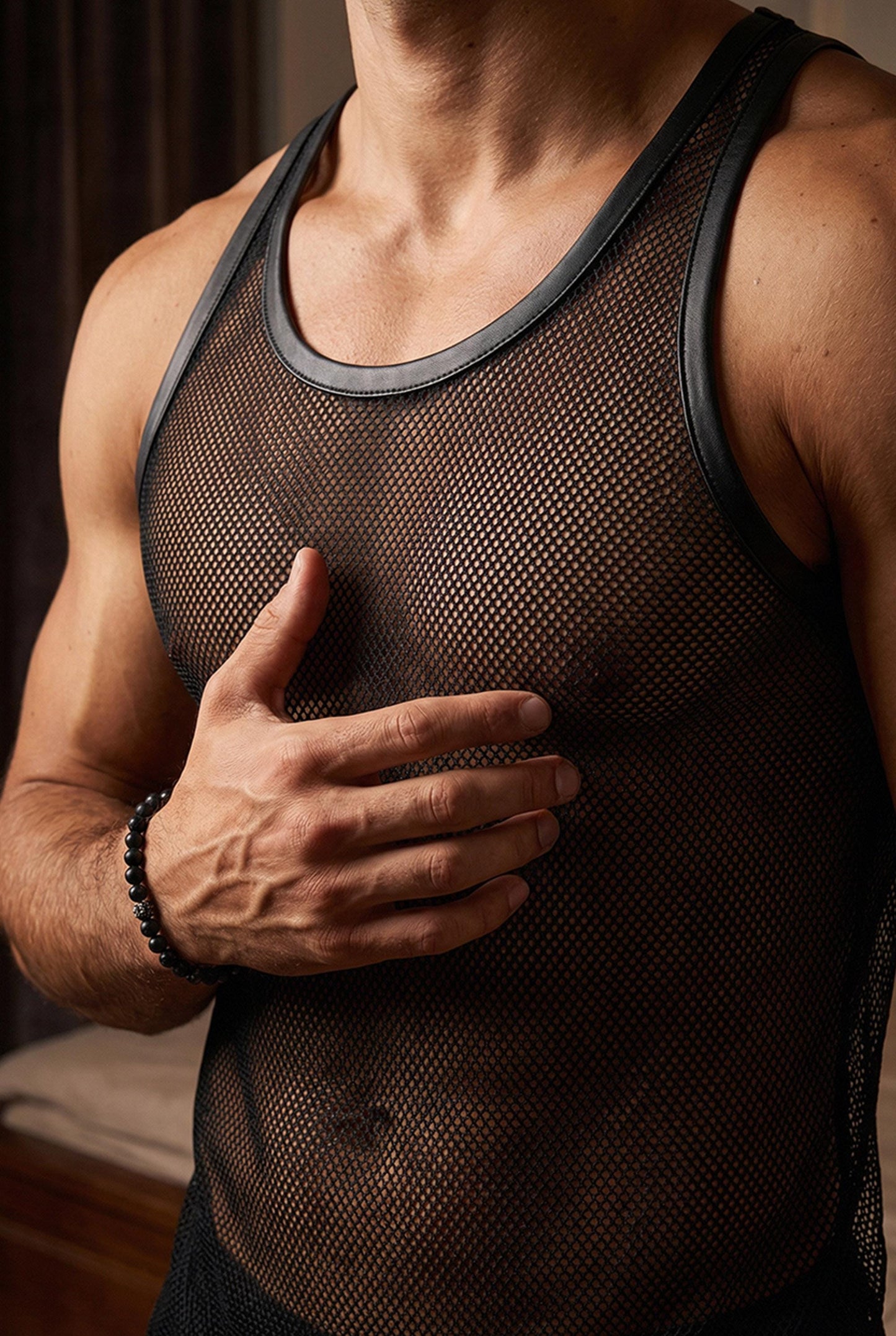 Close-up detail of breathable mesh fabric texture showing see-through construction. Durable yet lightweight material maintains shape while allowing maximum air circulation. Ideal for gay rave outfit, festival wear, and casual summer style where comfort meets bold transparent aesthetic.