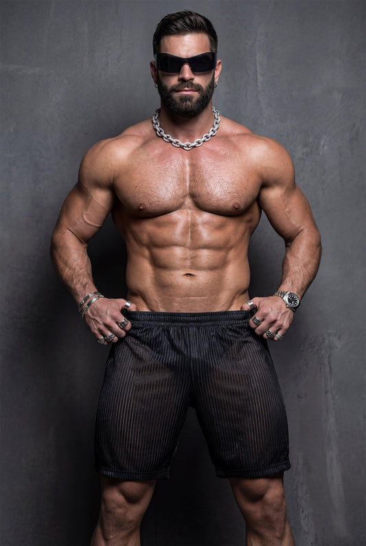 Black semi-transparent mesh shorts men in motion showing how metallic pinstripe fabric shimmers during movement for gay festival outfit and rave wear. Breathable ribbed construction perfect for dancing. Elastic waistband ensures secure fit. Ideal for circuit parties, beach clubs, pride events, and club nights with confident shimmering style.
