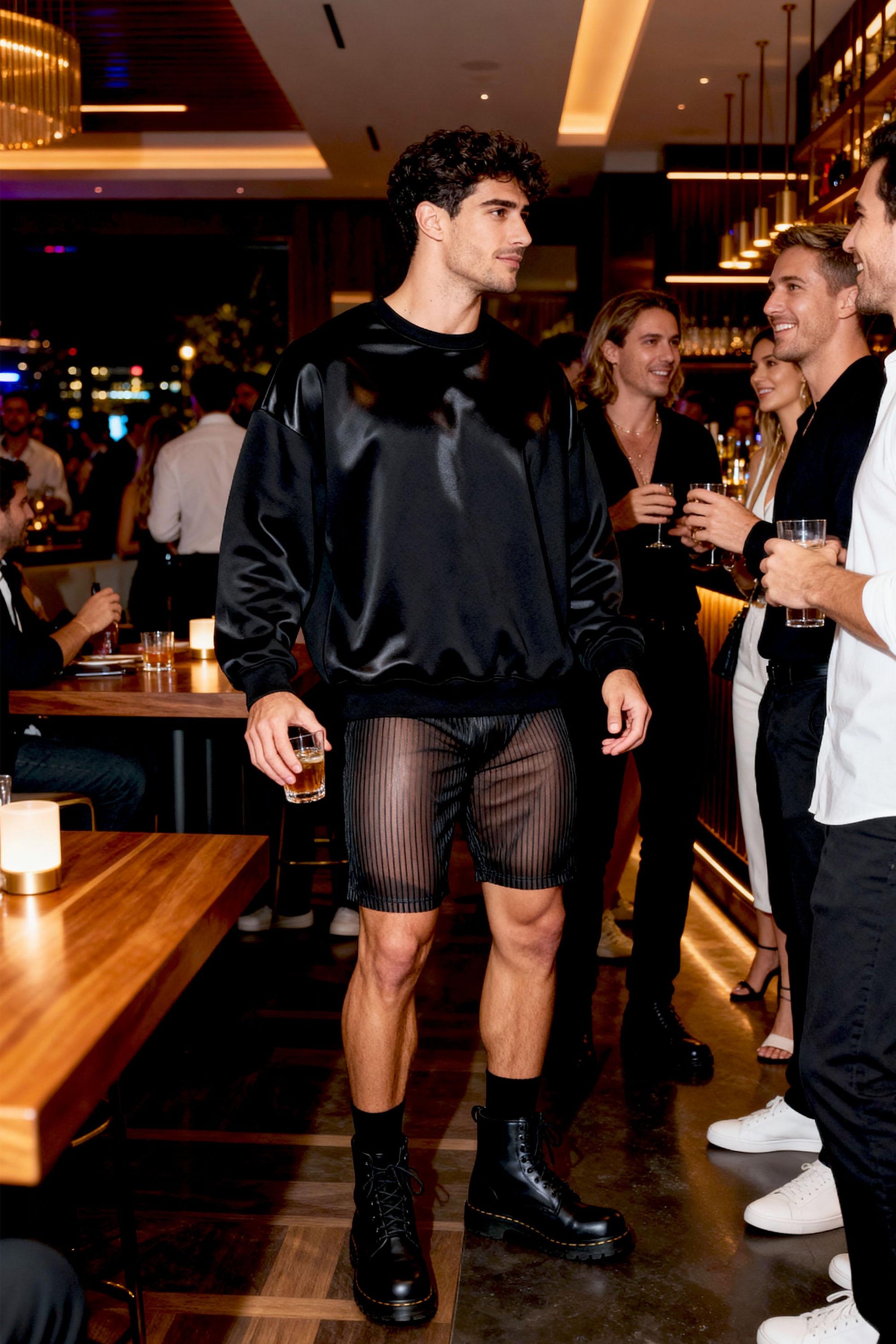 Close-up detail of black sheer mesh fabric showing metallic pinstripe pattern and ribbed semi-transparent construction. Shimmering lurex threads create light-catching effect perfect for rave wear and gay festival fashion. Breathable lightweight material for circuit parties, pride events, and summer style where bold transparent aesthetic with shimmer matters.