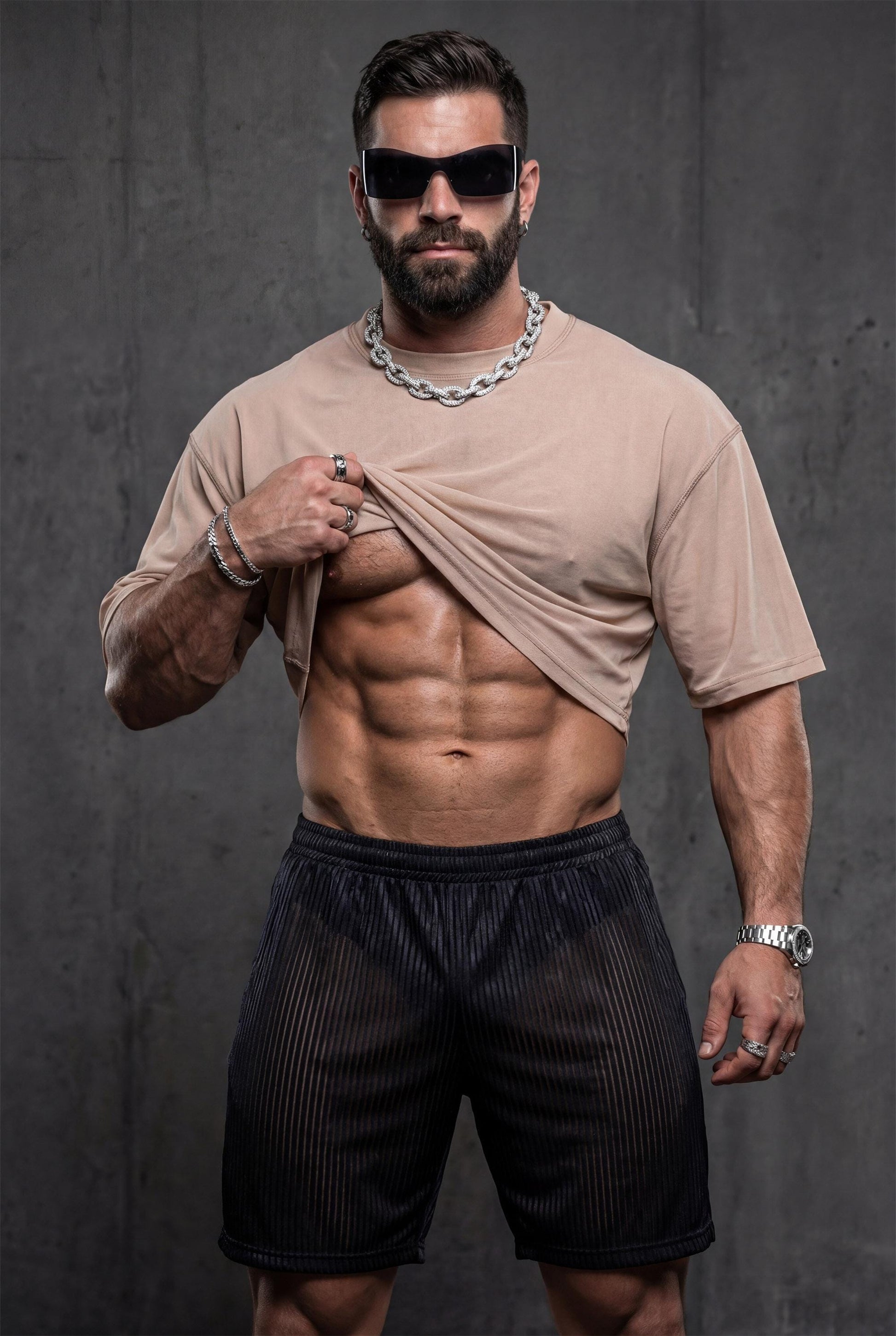 Black sheer mesh shorts men side profile showing metallic pinstripe shimmer and loose fit for rave wear and gay casual fashion. Semi-transparent ribbed construction offers comfort while creating bold statement. Perfect for festival travel, pride events, poolside lounging, and beach parties. Unisex piece for confident transparent shimmering aesthetic.