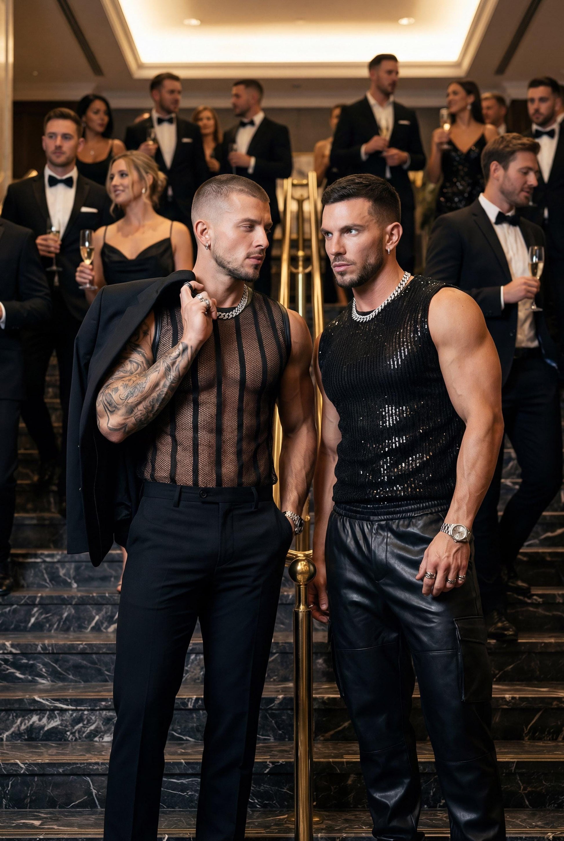 Two muscular men wearing PIEL men’s sleeveless mesh tops at a luxury night event. One wears a sheer black mesh tank top, the other a black sleeveless top in shiny mesh fabric. Premium men’s party tops by PIEL, designed for club nights, bold evening looks, and queer fashion aesthetics. Modern masculine style, confident attitude, high-end nightlife wear.
