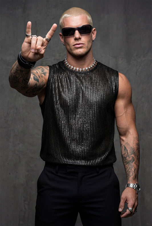 Black Shimmer Mesh Tank Top | Festival Clubwear, Queer Fashion