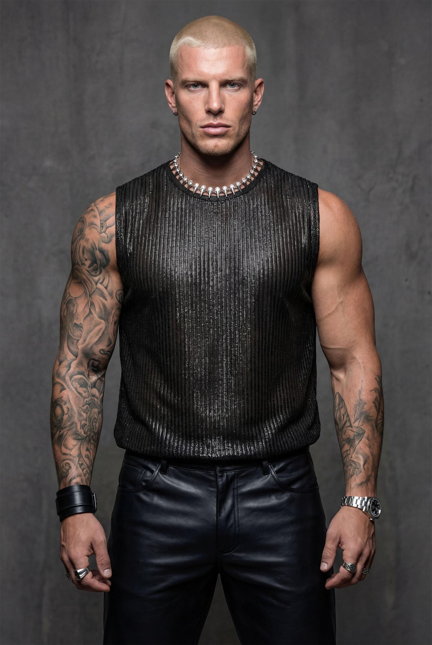 Black Shimmer Mesh Tank Top | Festival Clubwear, Queer Fashion