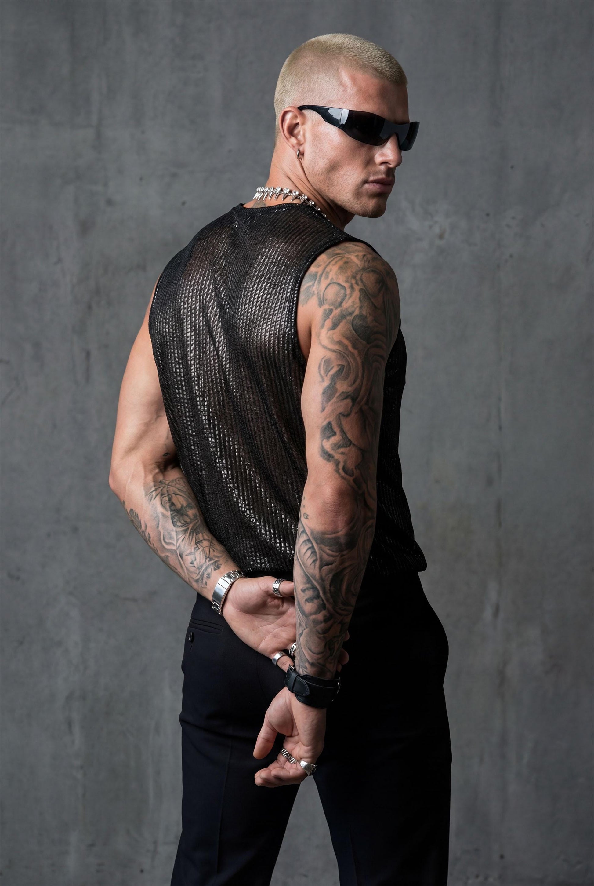 Black Shimmer Mesh Tank Top | Festival Clubwear, Queer Fashion