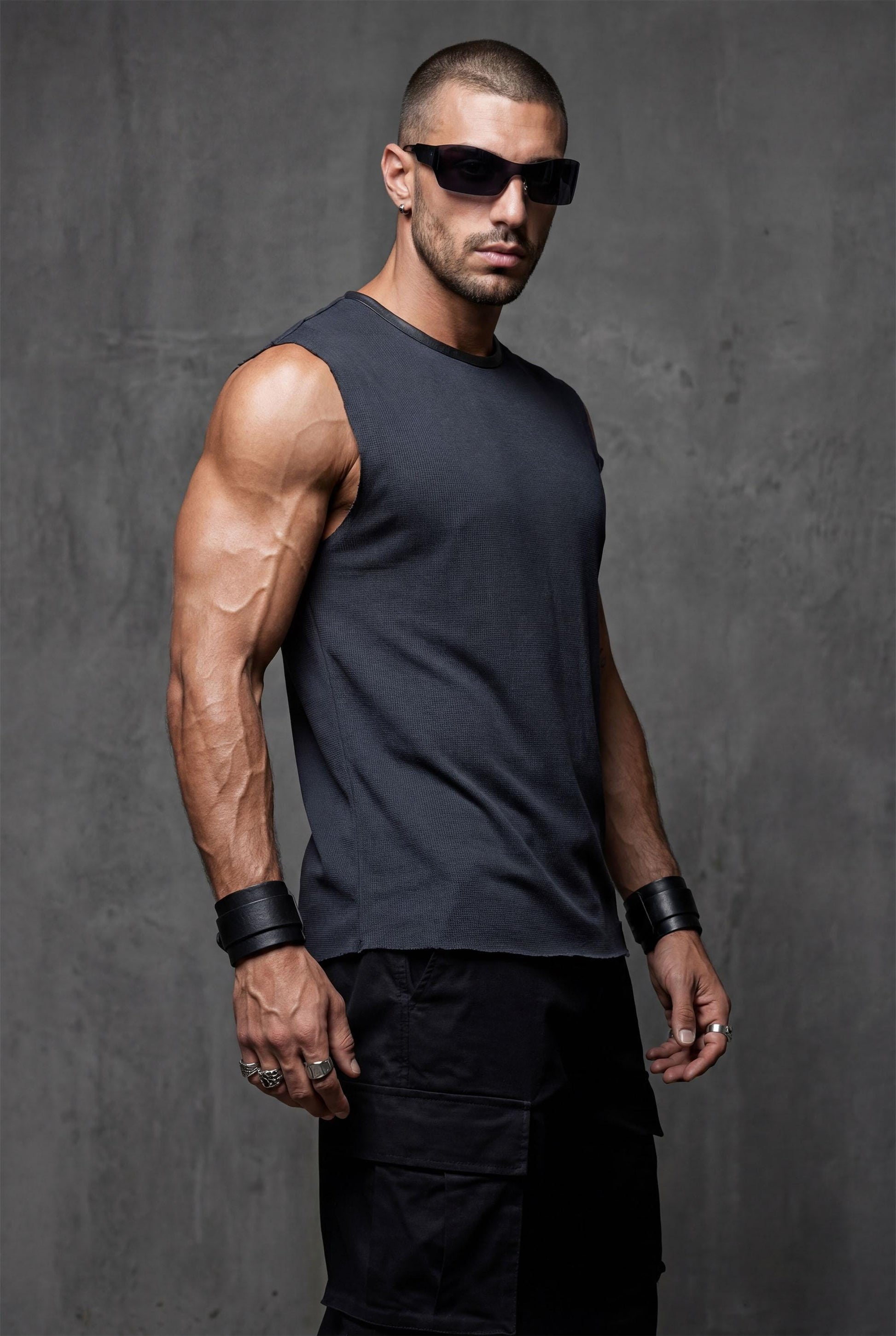 Black Sleeveless Muscle Fit T-shirt for Men | Textured Tank Top