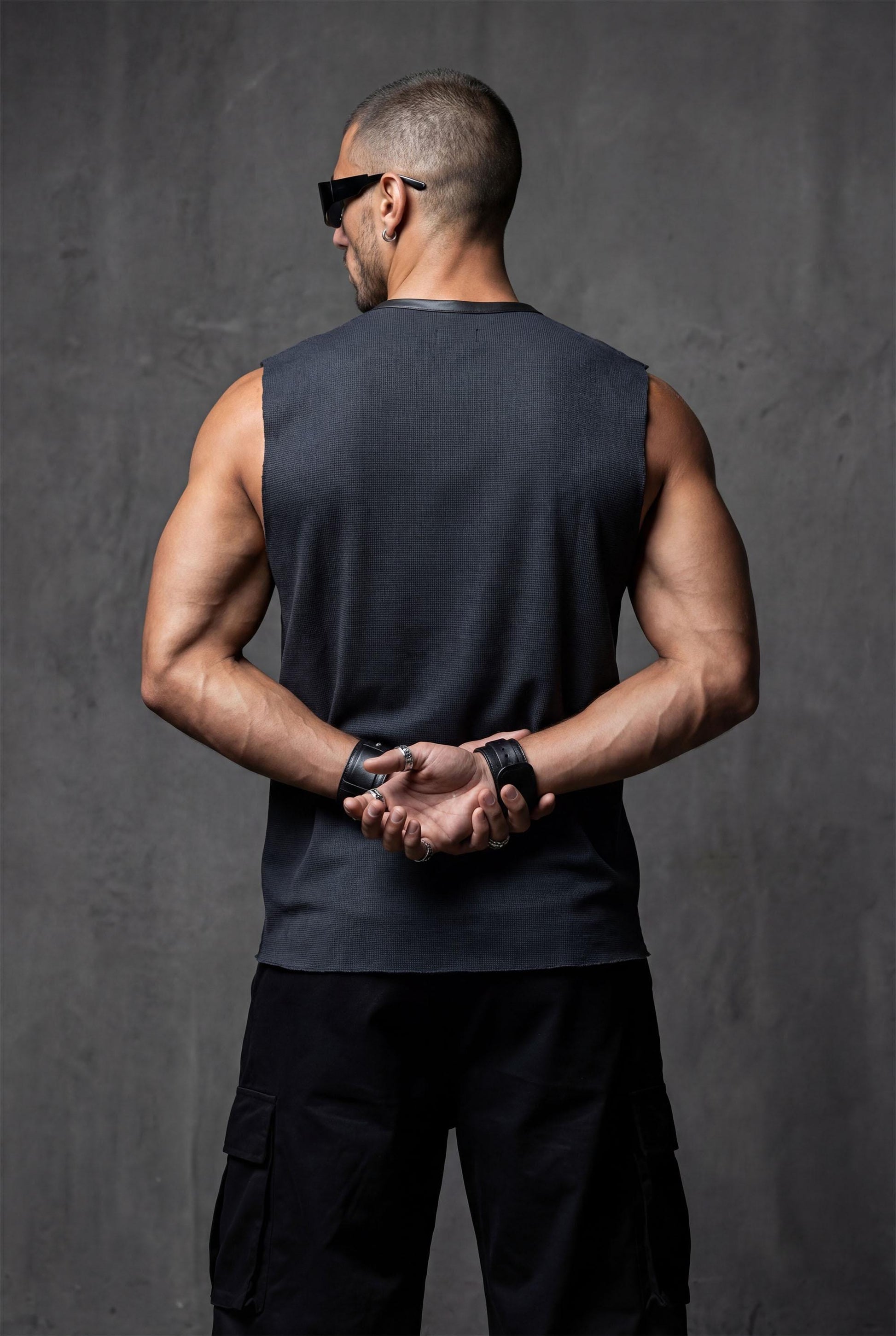 Black Sleeveless Muscle Fit T-shirt for Men | Textured Tank Top