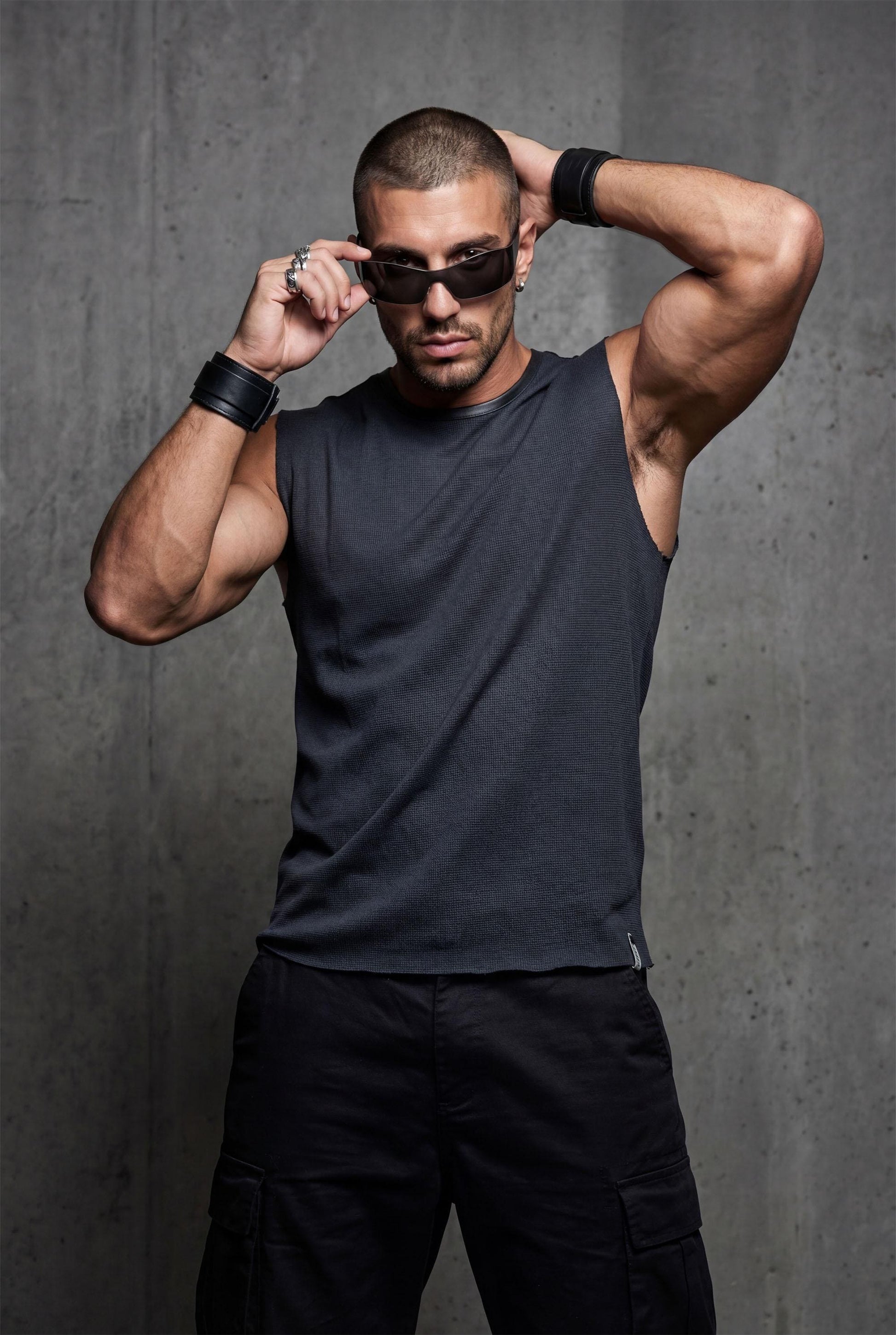 Black Sleeveless Muscle Fit T-shirt for Men | Textured Tank Top