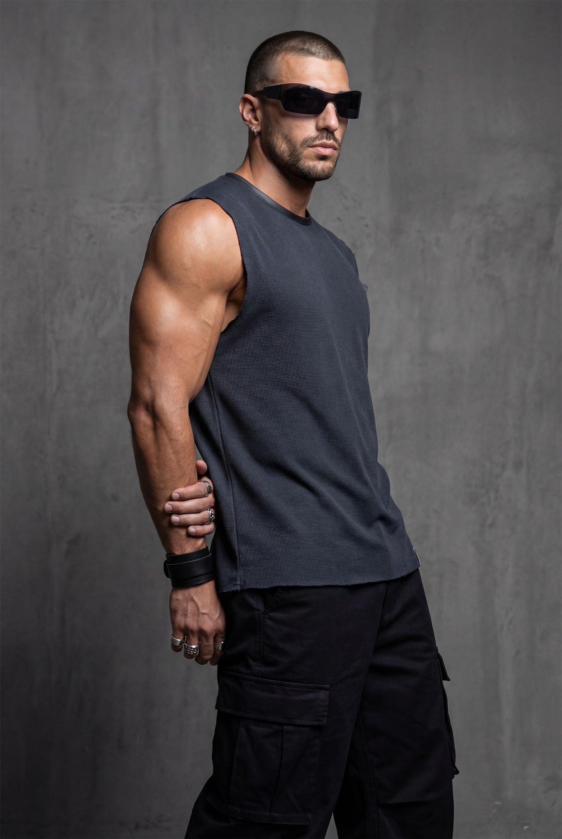 Black Sleeveless Muscle Fit T-shirt for Men | Textured Tank Top