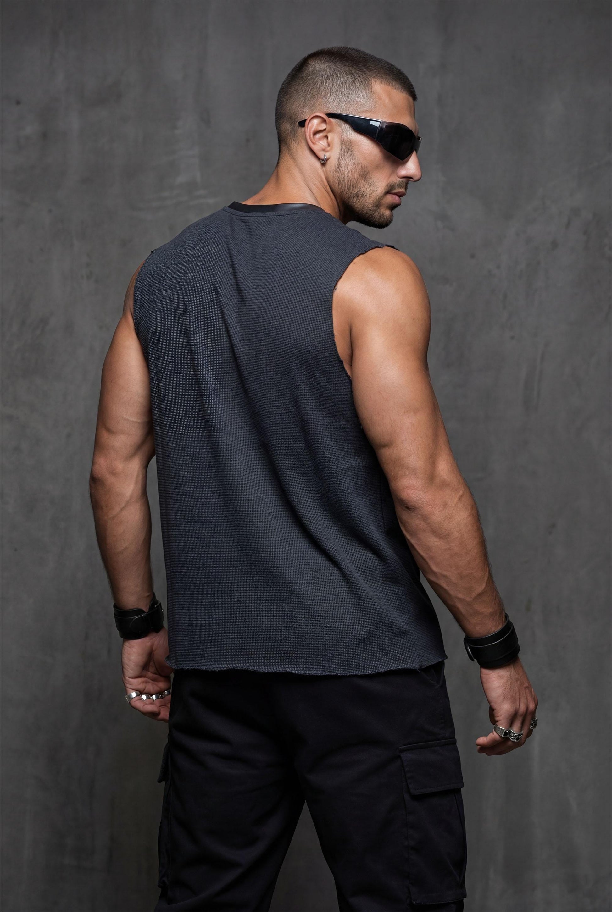 Black Sleeveless Muscle Fit T-shirt for Men | Textured Tank Top