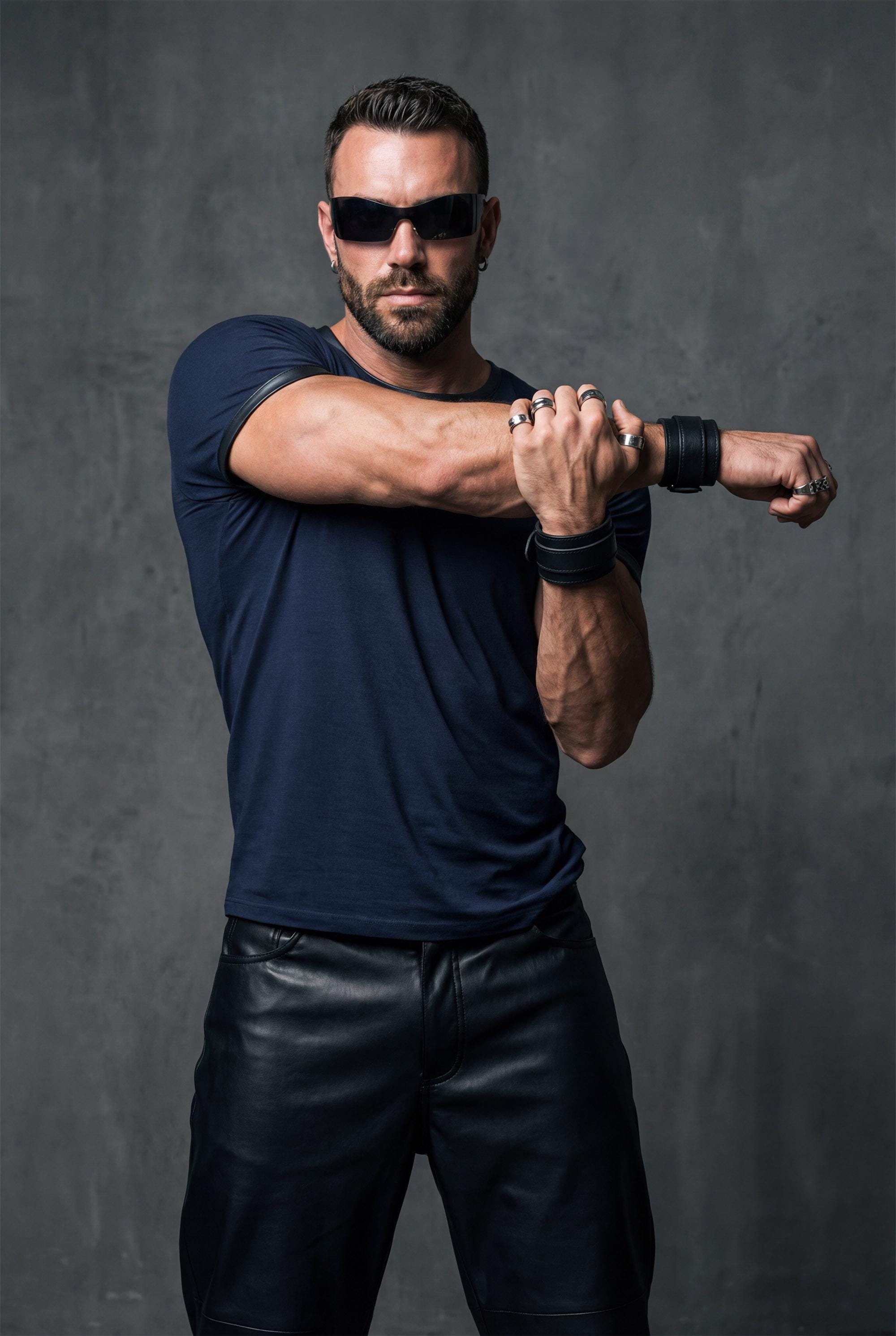 Navy blue modal t-shirt men front view tucked into black pants showing faux leather trim details. Premium designer tee with contrast collar and sleeve edges perfect for smart casual style. This fitted crew neck shirt combines soft modal fabric with edgy leather accents ideal for elevated streetwear, date nights, or business casual outfits. Versatile men's fashion combining comfort with sophisticated