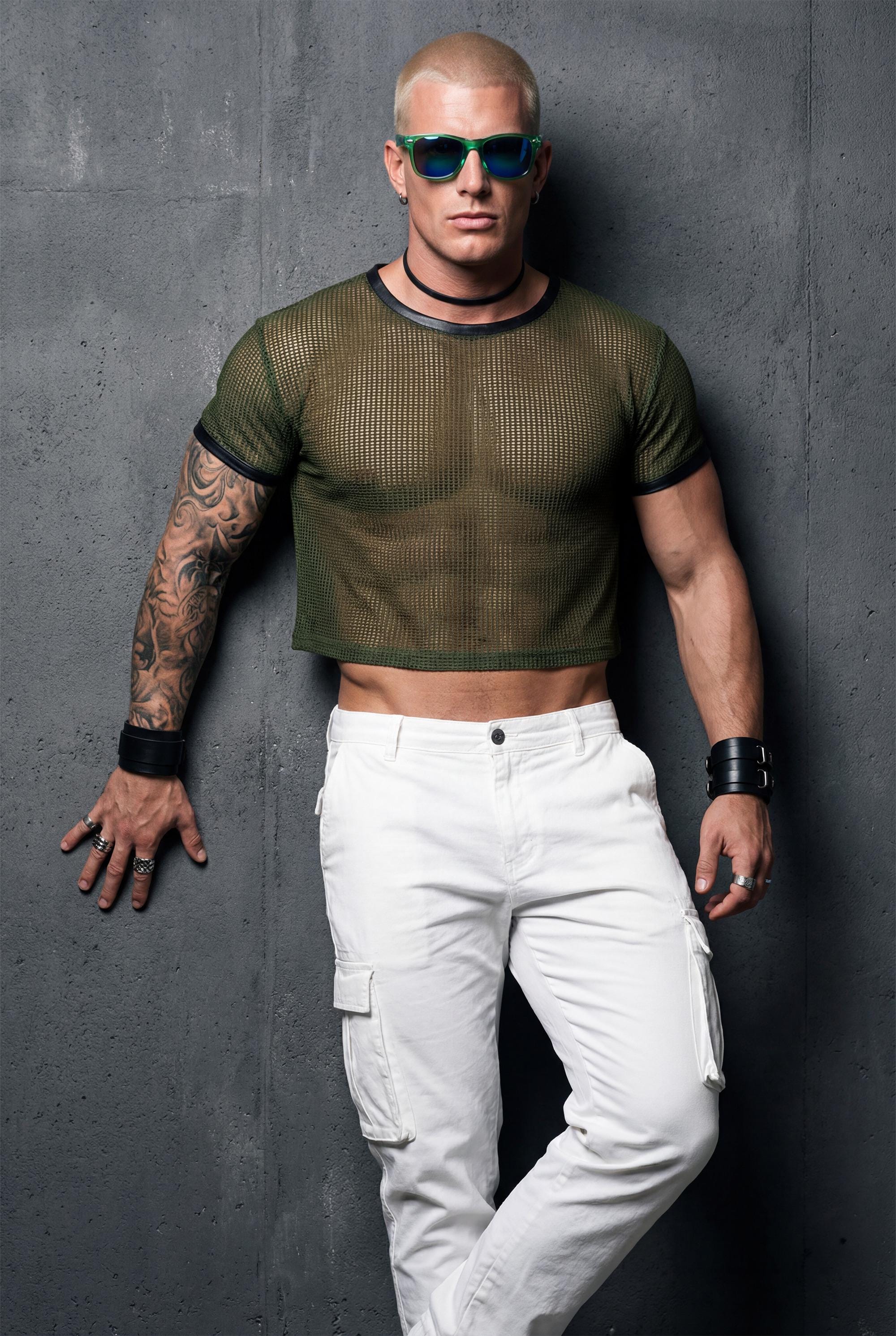 Green Mesh Crop Top Men | See-Through Festival Club Wear Athletic Shirt