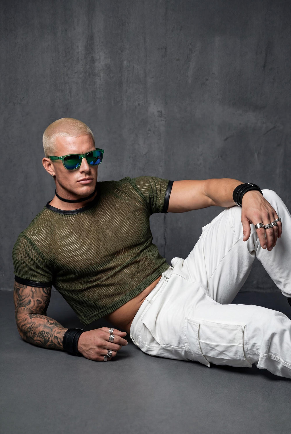 Green Mesh Crop Top Men | See-Through Festival Club Wear Athletic Shirt