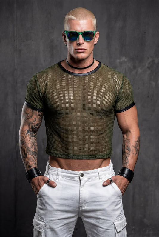 Man wearing black mesh crop top with faux leather collar and sleeve trim — athletic festival and clubwear by Piel