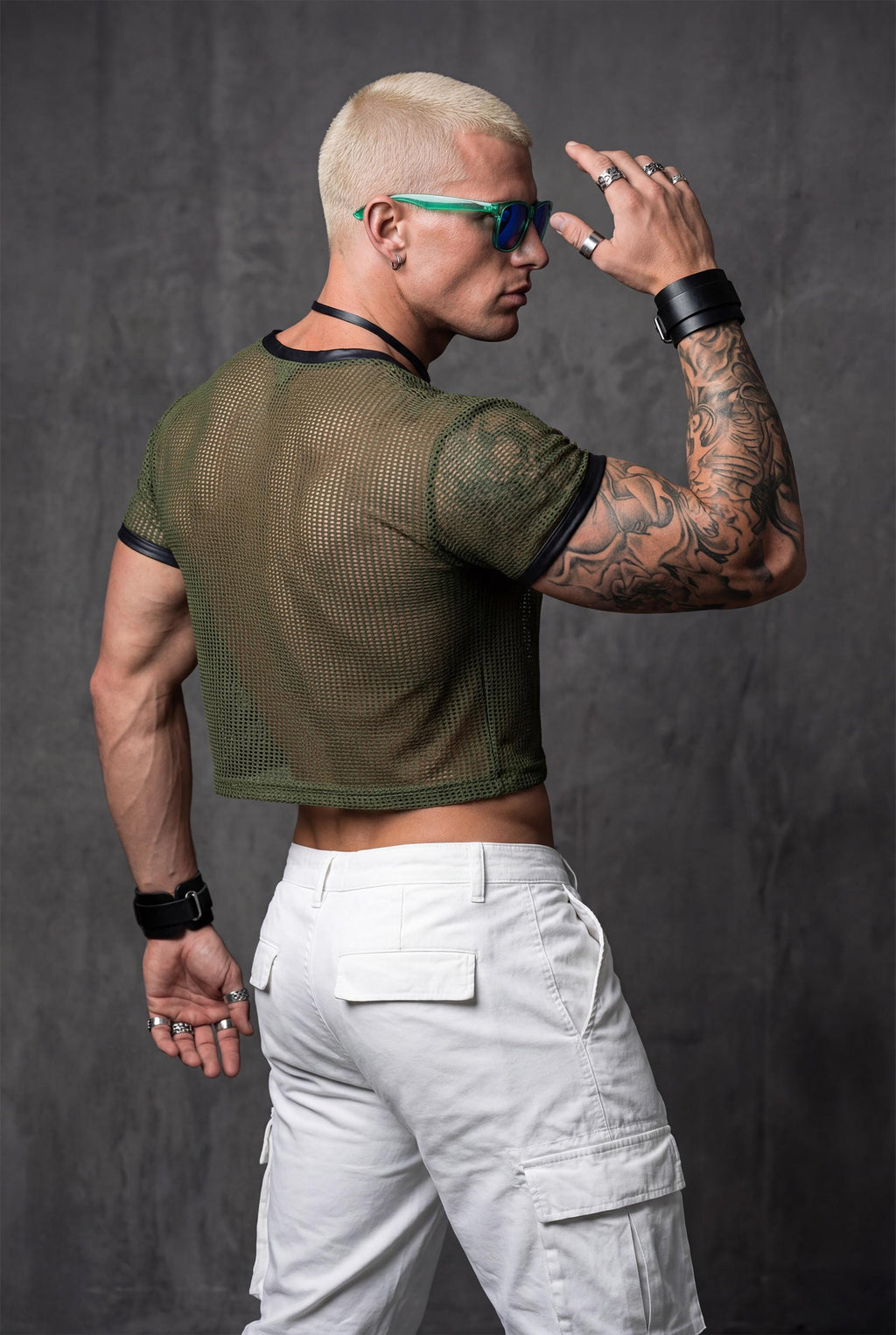 Green Mesh Crop Top Men | See-Through Festival Club Wear Athletic Shirt