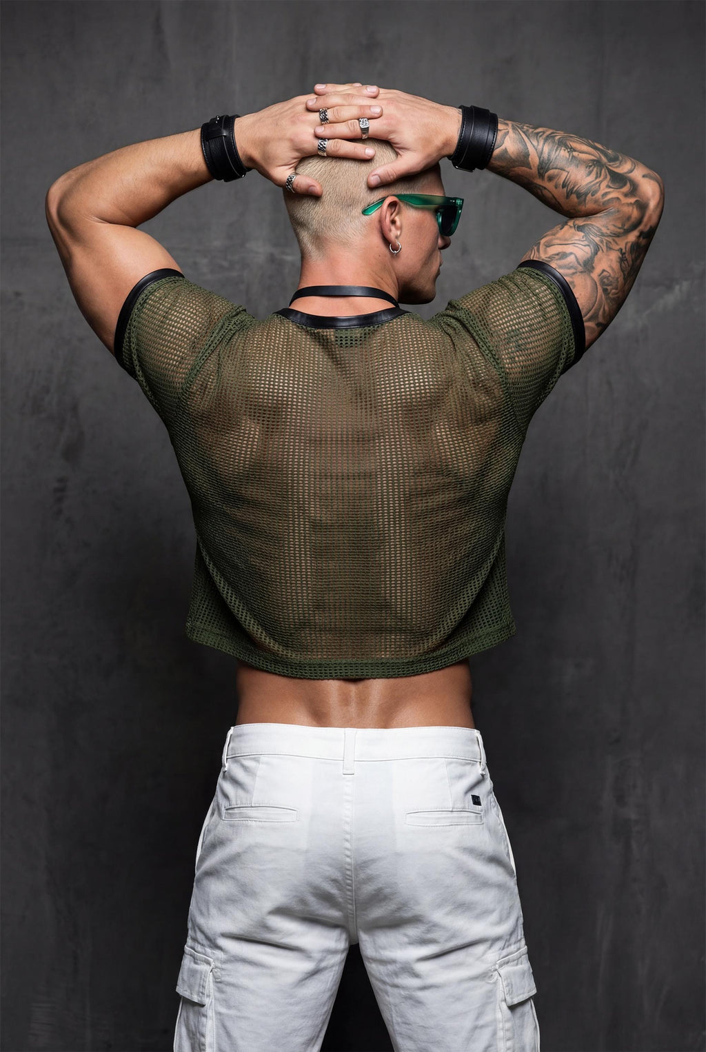 Green Mesh Crop Top Men | See-Through Festival Club Wear Athletic Shirt