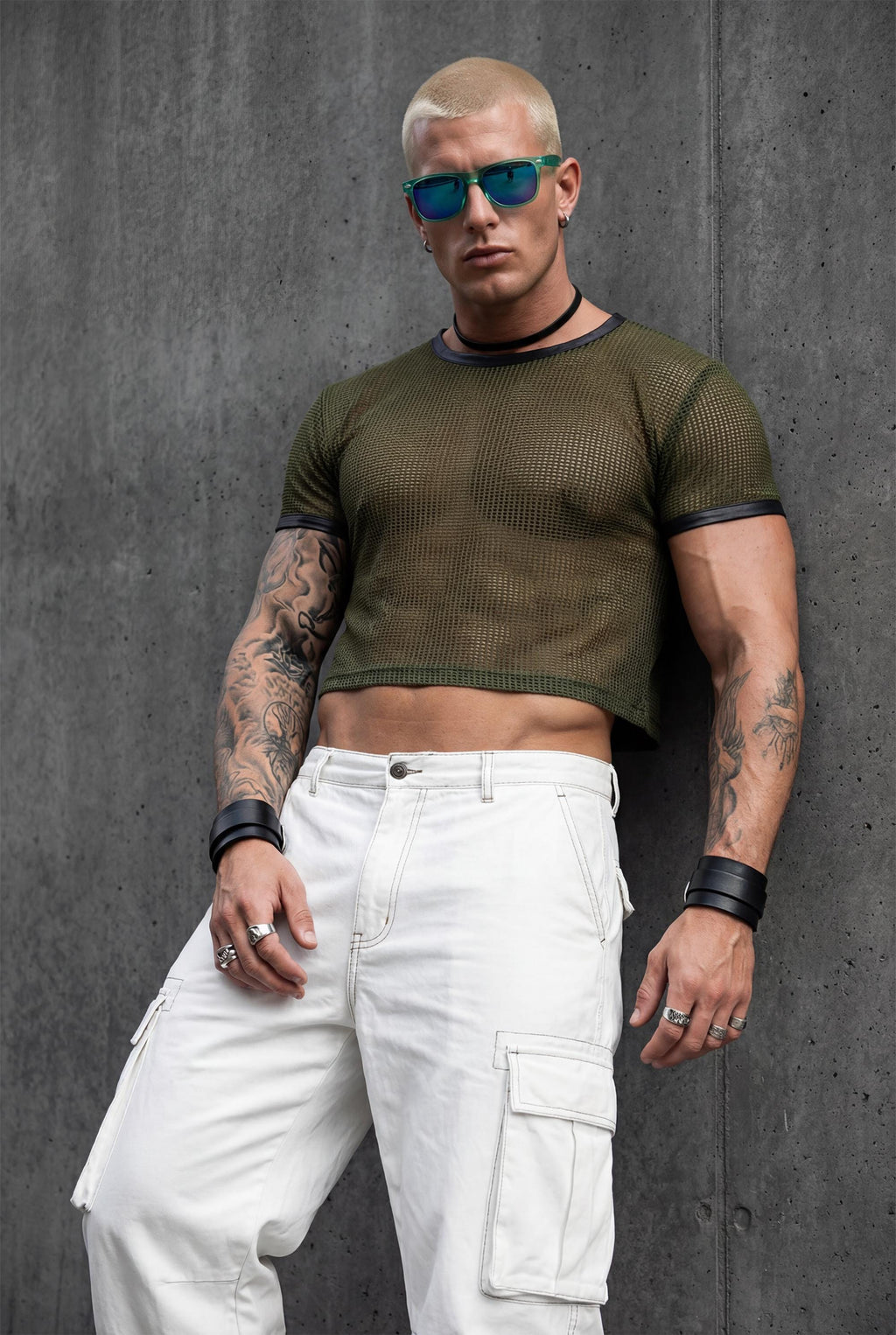 Green Mesh Crop Top Men | See-Through Festival Club Wear Athletic Shirt