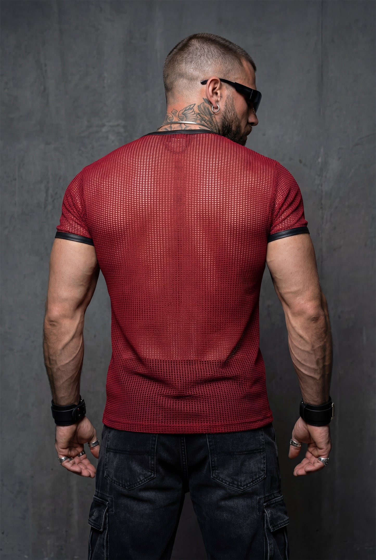 Red Mesh T-Shirt – Faux Leather Trim