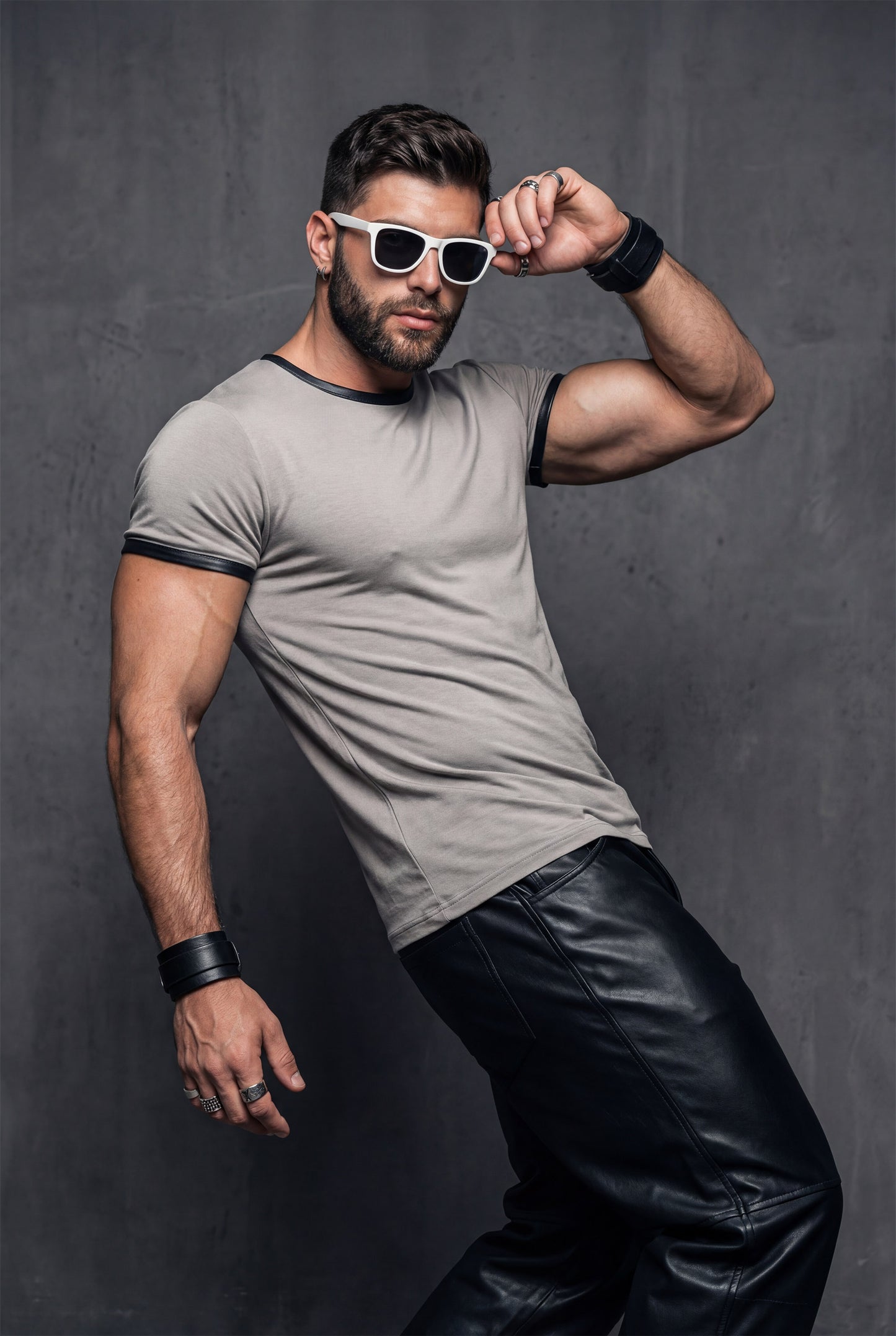 Beige Modal T-Shirt – Faux Leather Trim